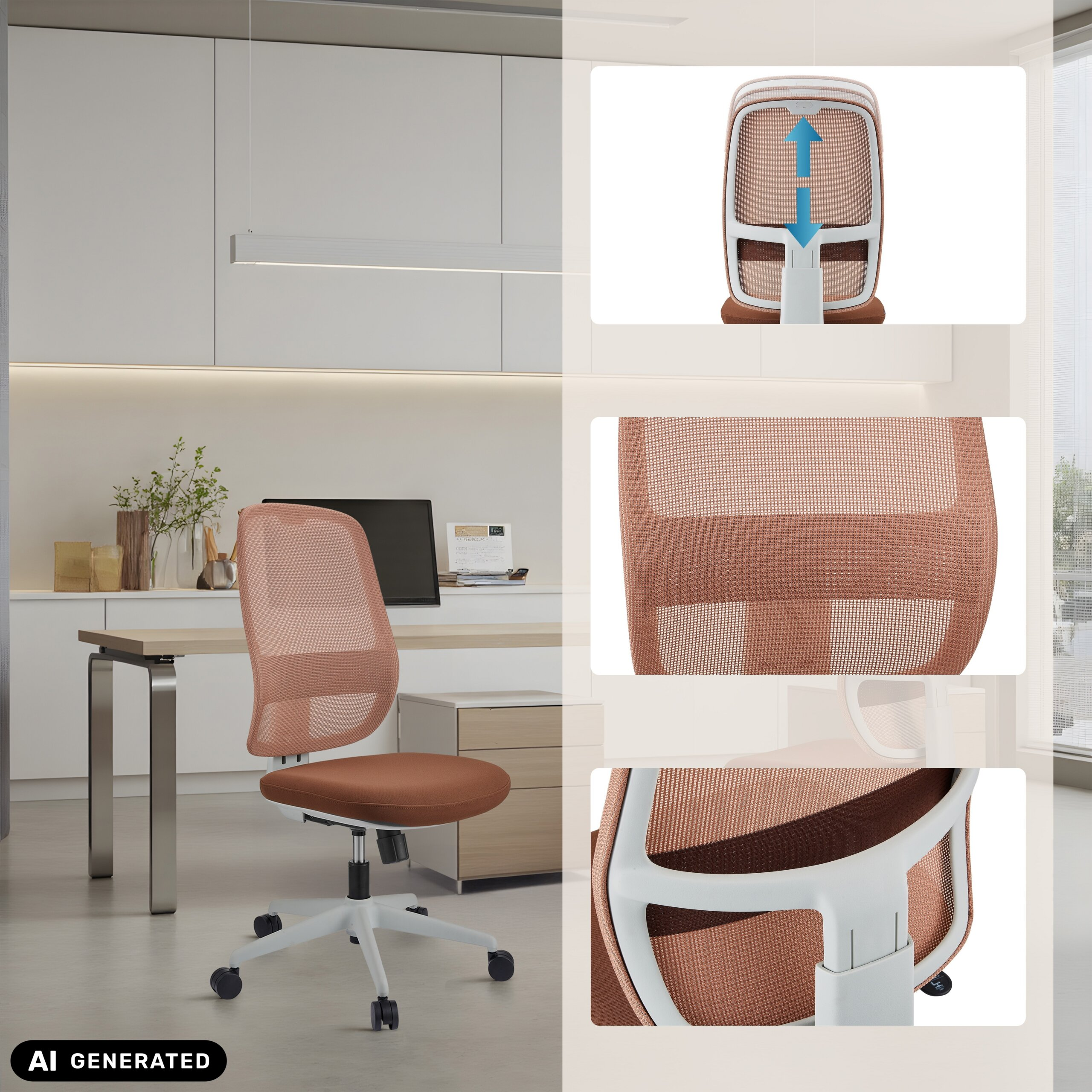 Ein ergonomischer orangefarbener Bürostuhl mit Mesh-Rückenlehne vor einem Schreibtisch, mit Detailaufnahmen der Funktionen.