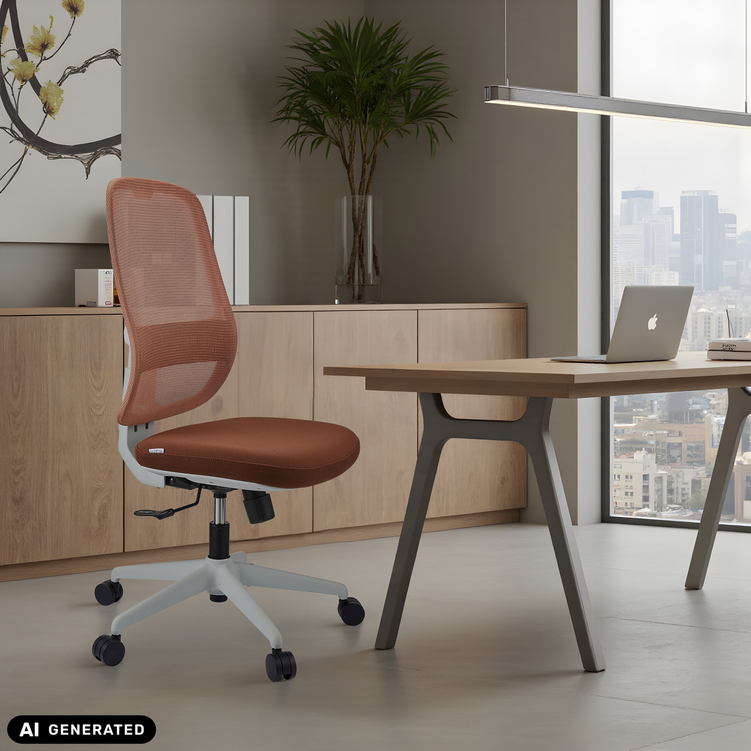 Ein orangefarbener Netz-Bürostuhl steht in einem modernen Raum mit Holztisch und Stadtblick.