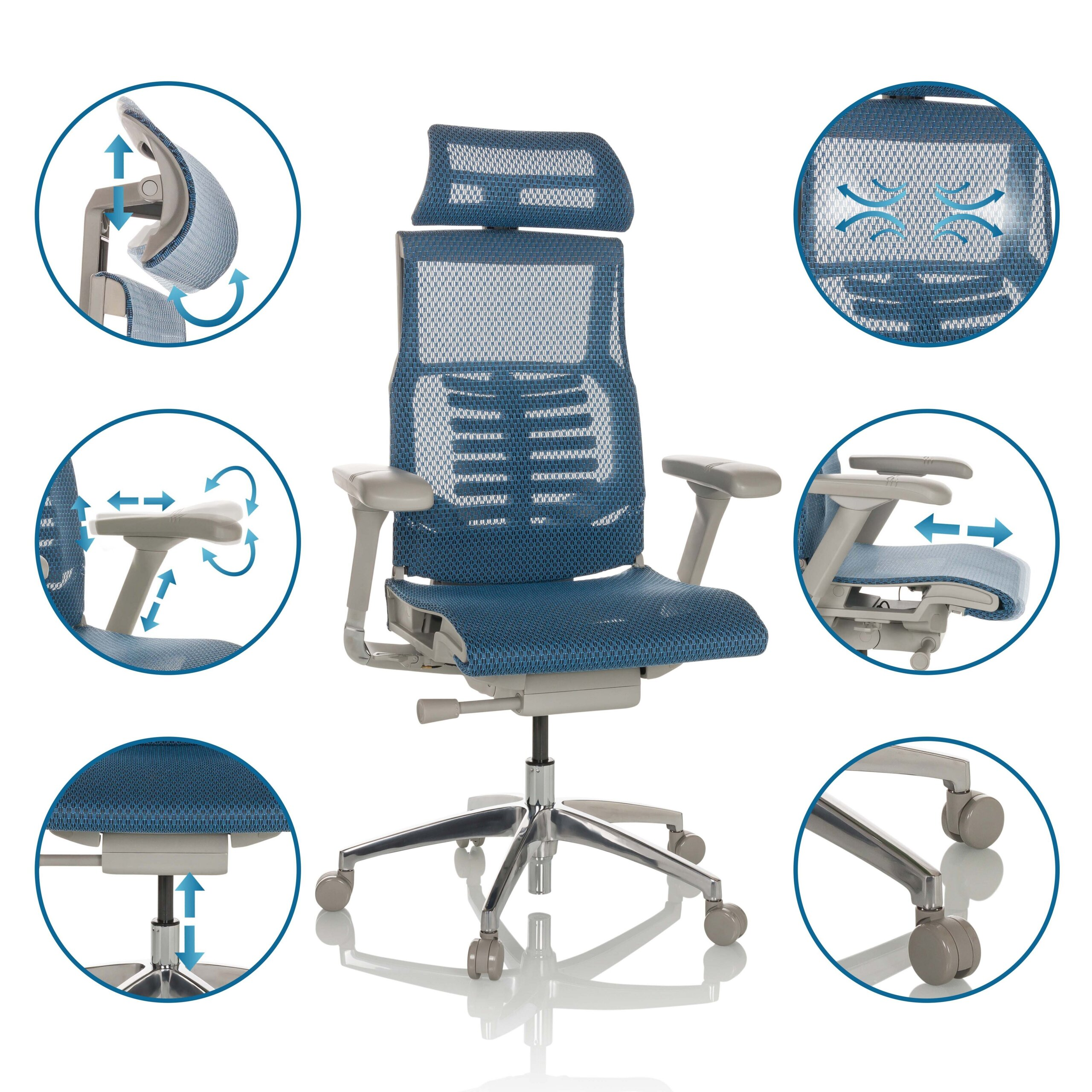 Ergonomischer blauer Netzstuhl mit grauen Akzenten und sechs Detailaufnahmen von Funktionen.