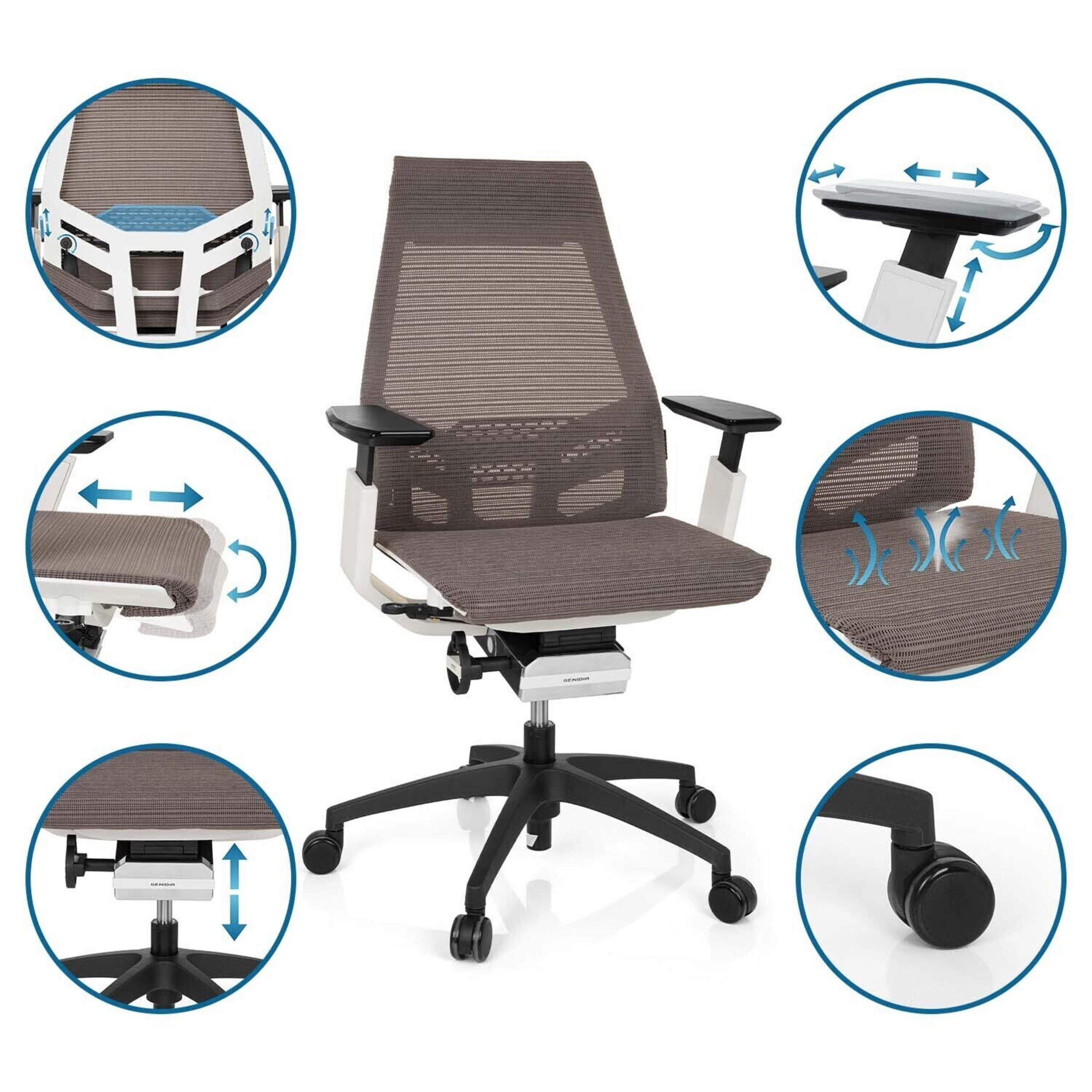 Grauer ergonomischer Buerostuhl mit weissem Rahmen und fünf Rollen, umgeben von Detailbildern der Verstellbarkeit.