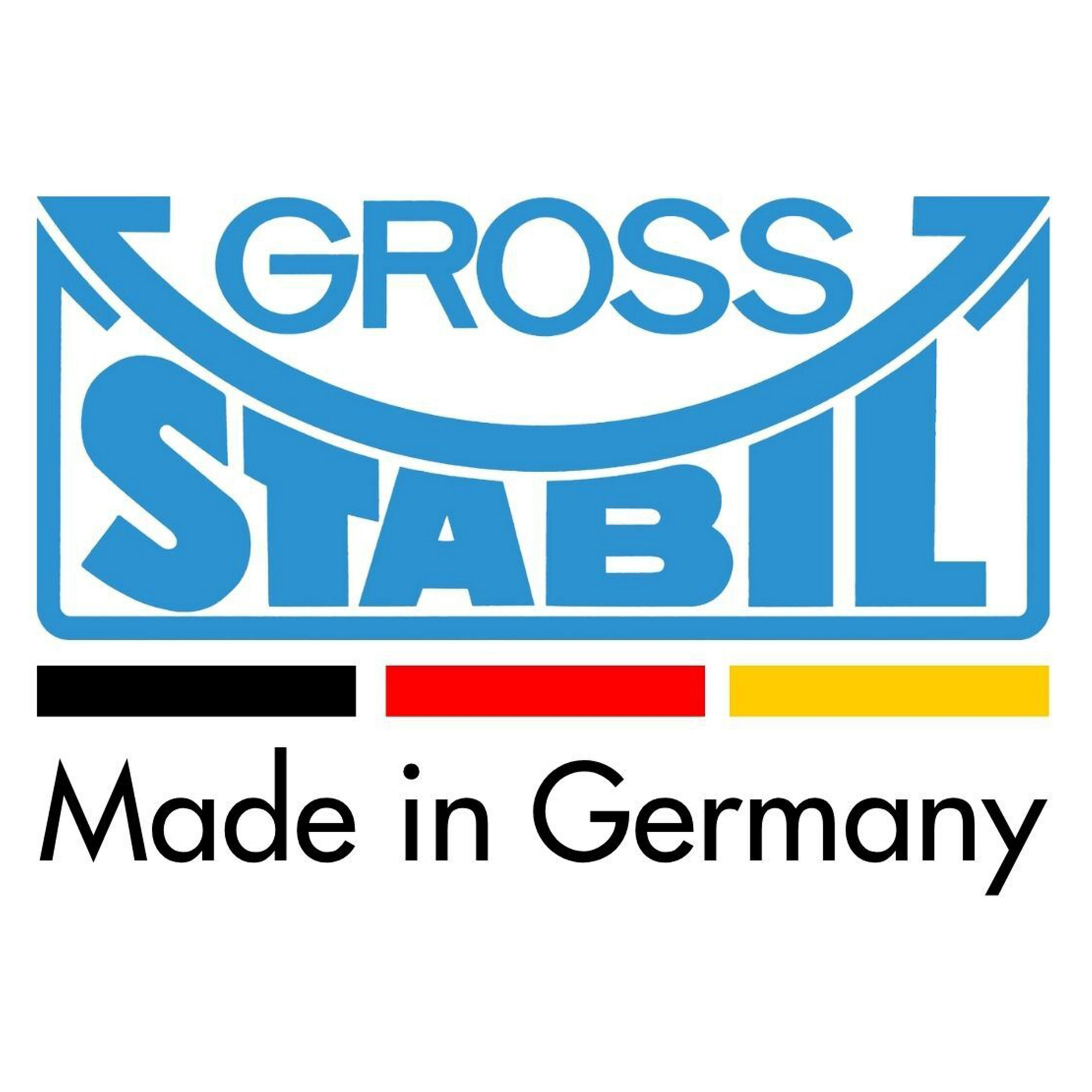 Logo mit den blauen Worten GROSS STABIL, gerahmt und mit deutscher Flagge und Text Made in Germany.
