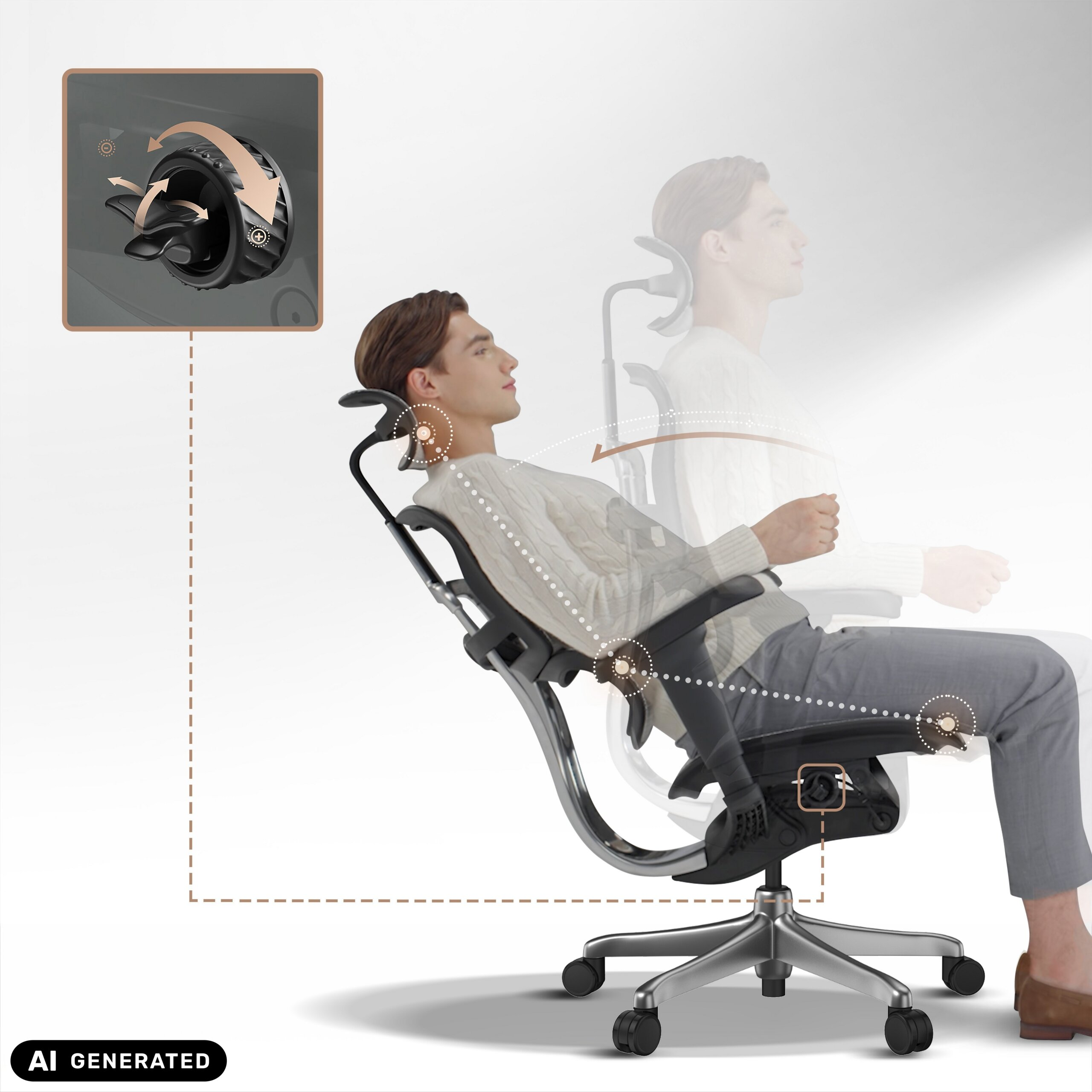 Ein Mann sitzt in einem ergonomischen B ürostuhl, der seine Sitzposition zeigt.