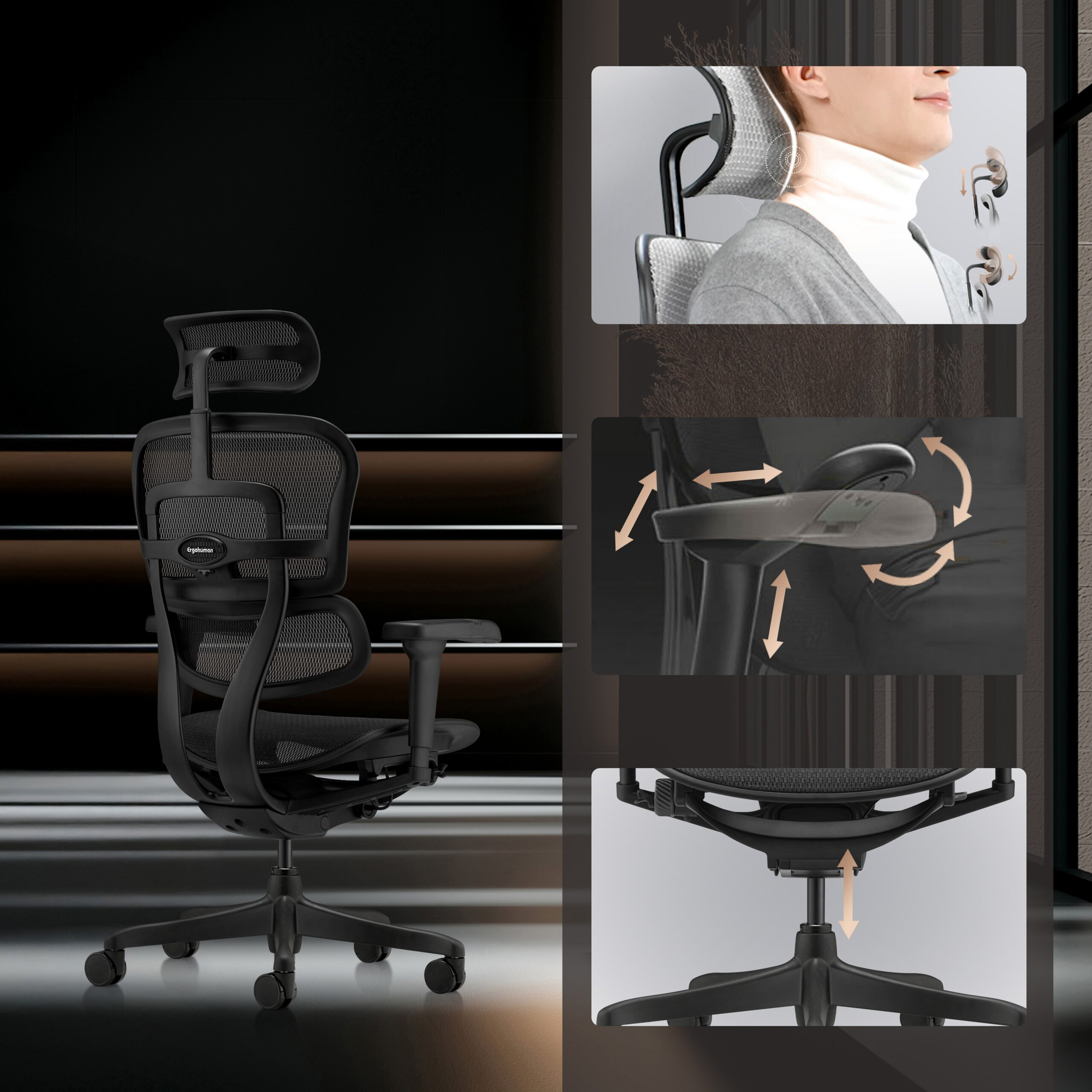 Schwarzer ergonomischer Bürostuhl mit verstellbarer Kopfstütze, Armlehnen und Sitzhöhe.