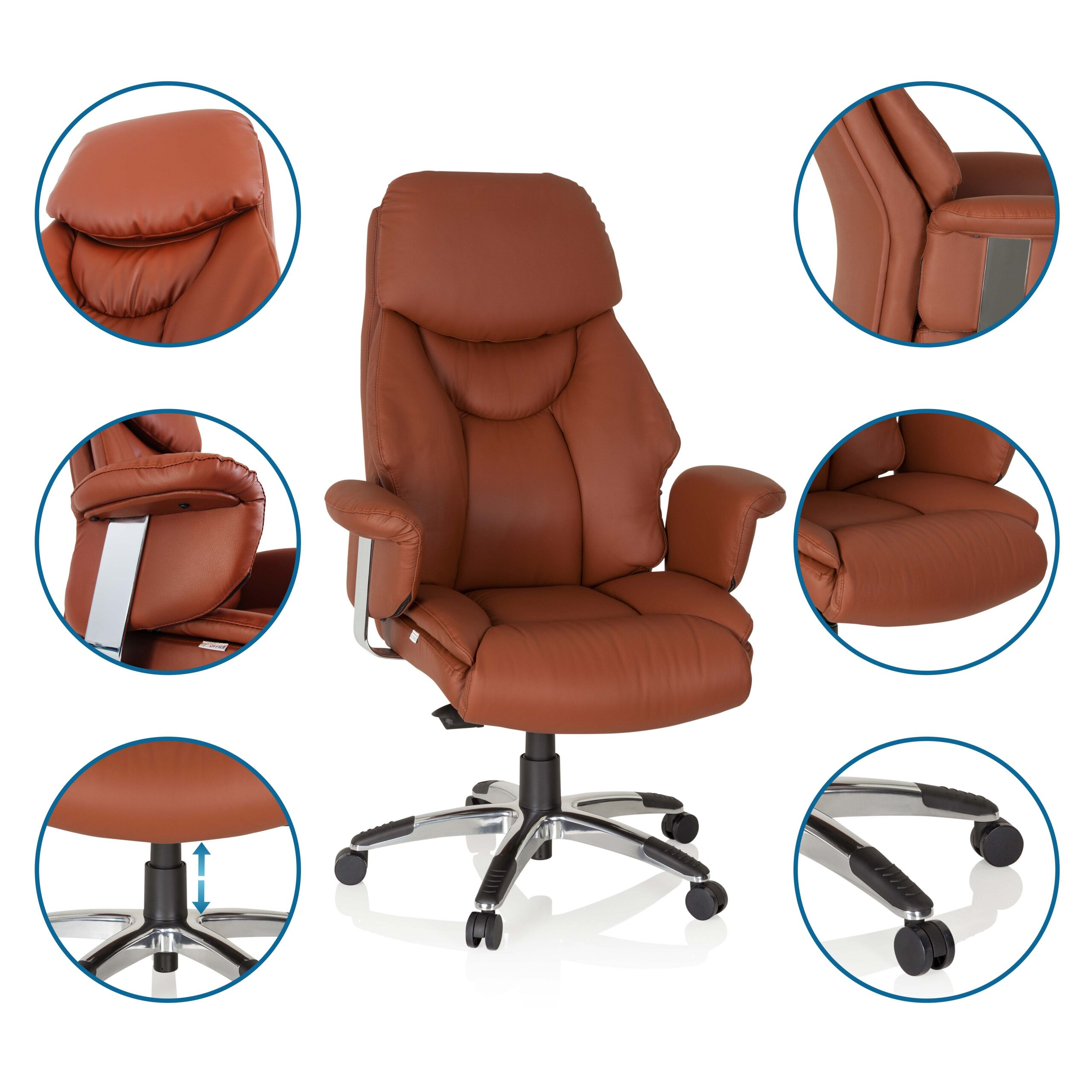 Brauner Leder-Chefbürostuhl mit Chromakzenten, Rollen und kreisförmigen Detailausschnitten seiner Funktionen.
