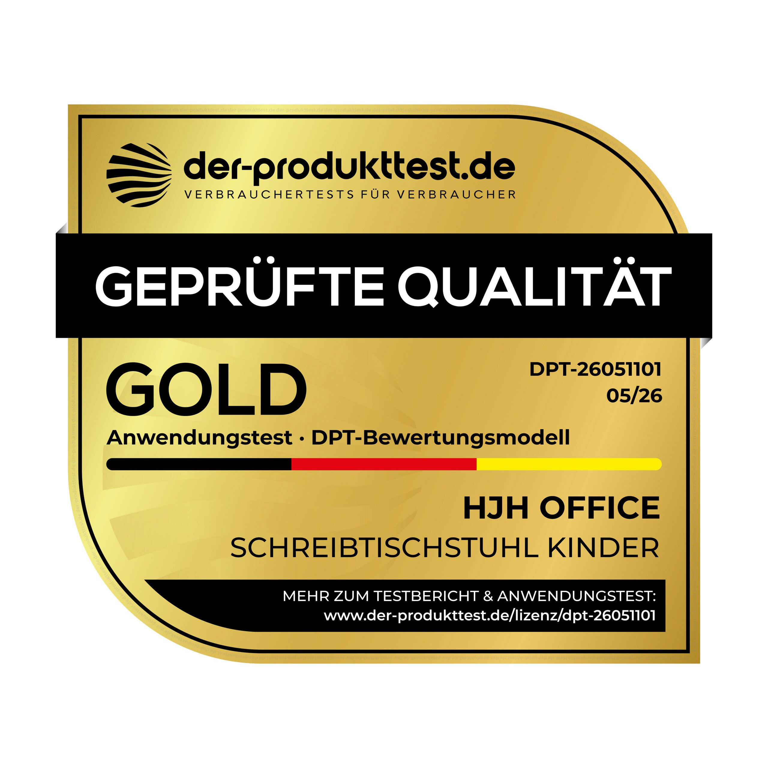 Goldenes Siegel mit schwarzem Text, deutscher Flagge und der Aufschrift Gepr&uuml;fte Qualit&auml;t Gold.