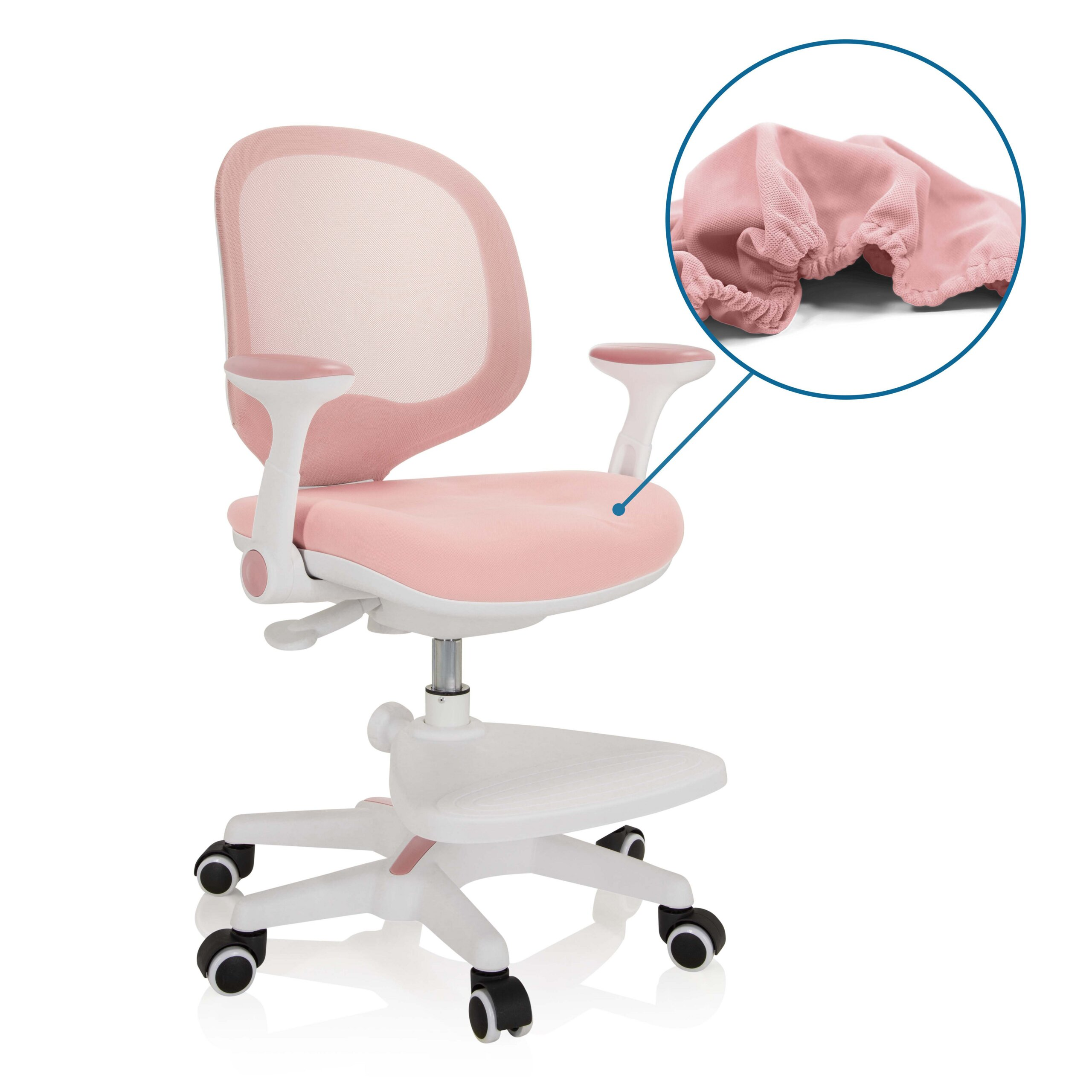 Rosa-weißer Kinderdrehstuhl mit Fußstütze und Nahaufnahme des Stoffes.