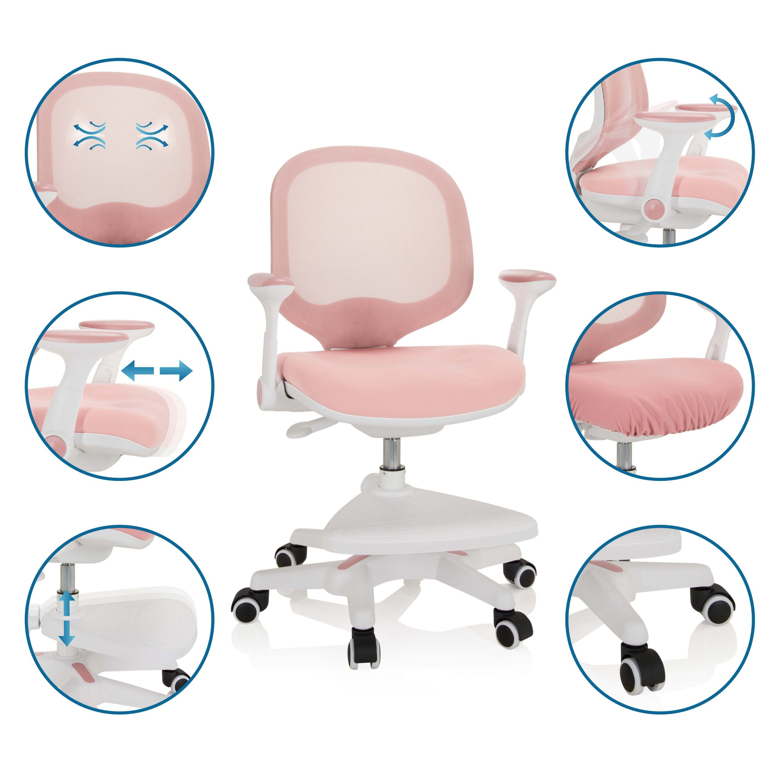 Rosa ergonomischer Kinderdrehstuhl mit Fußstütze und Rollen, umgeben von Detailansichten.