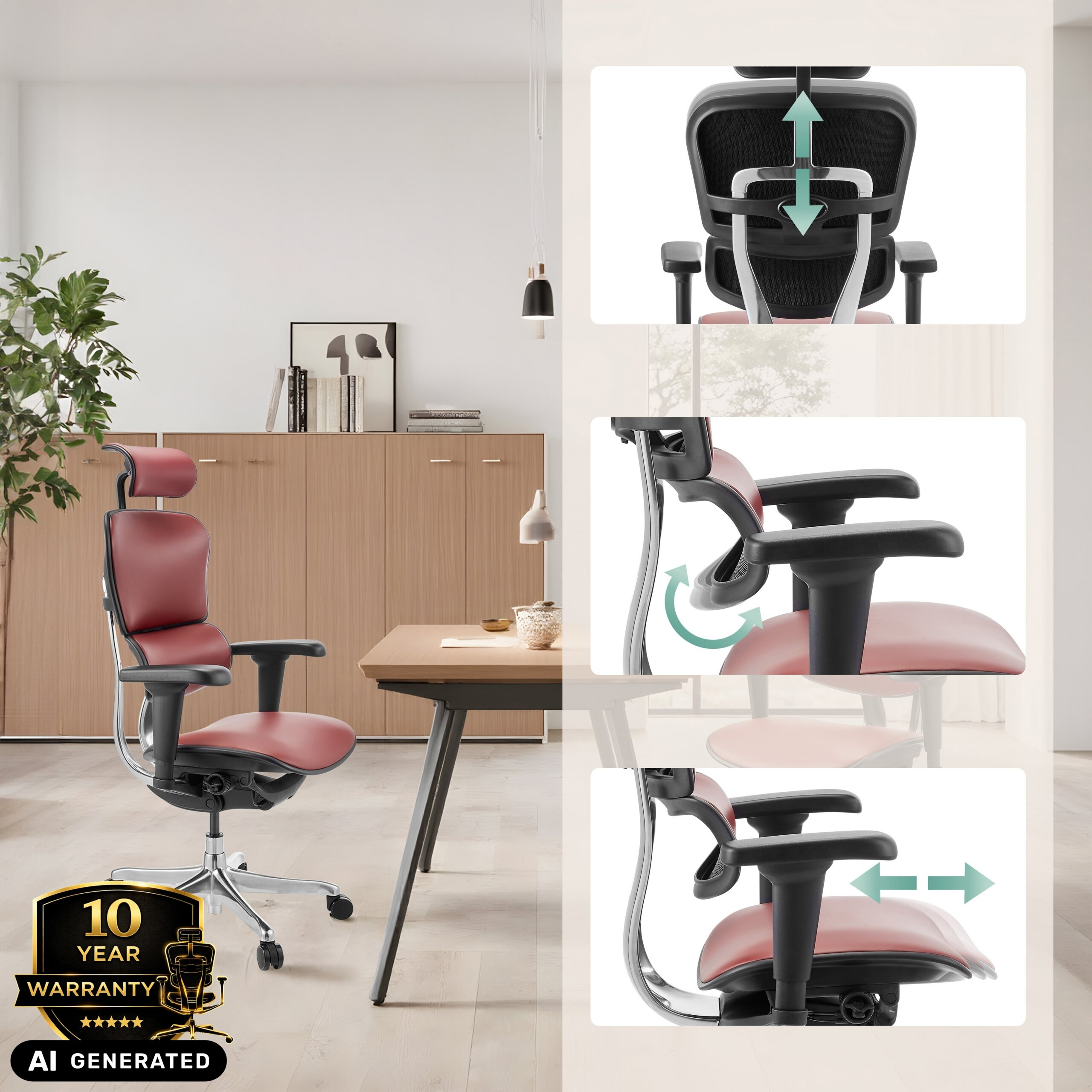 Roter ergonomischer Buerostuhl mit verstellbaren Funktionen im modernen Raum neben Holzschreibtisch und Schrank.