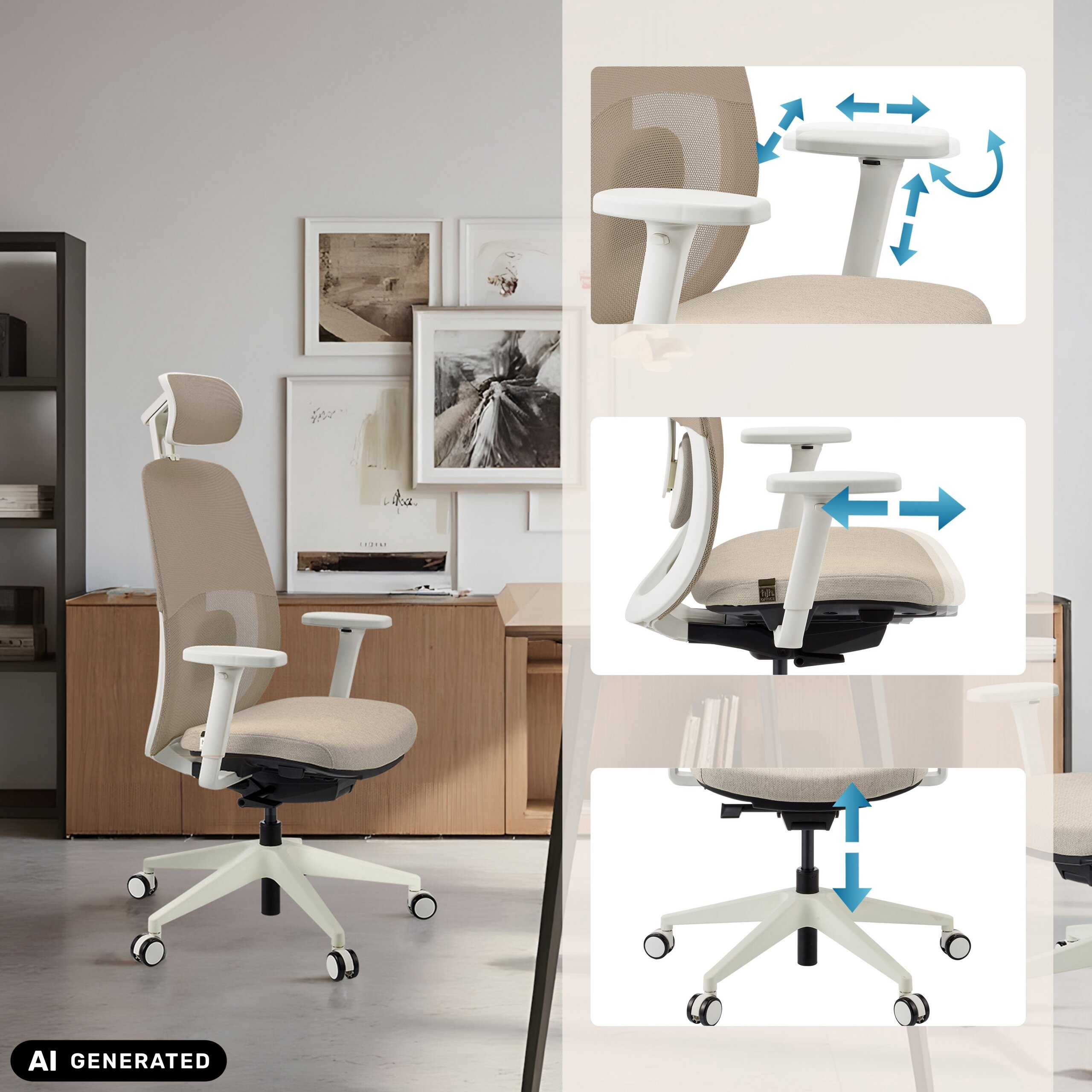 Beige ergonomischer Bürostuhl mit verstellbaren Armlehnen und Höhe, in einem modernen Raum mit Funktions-Inlays.