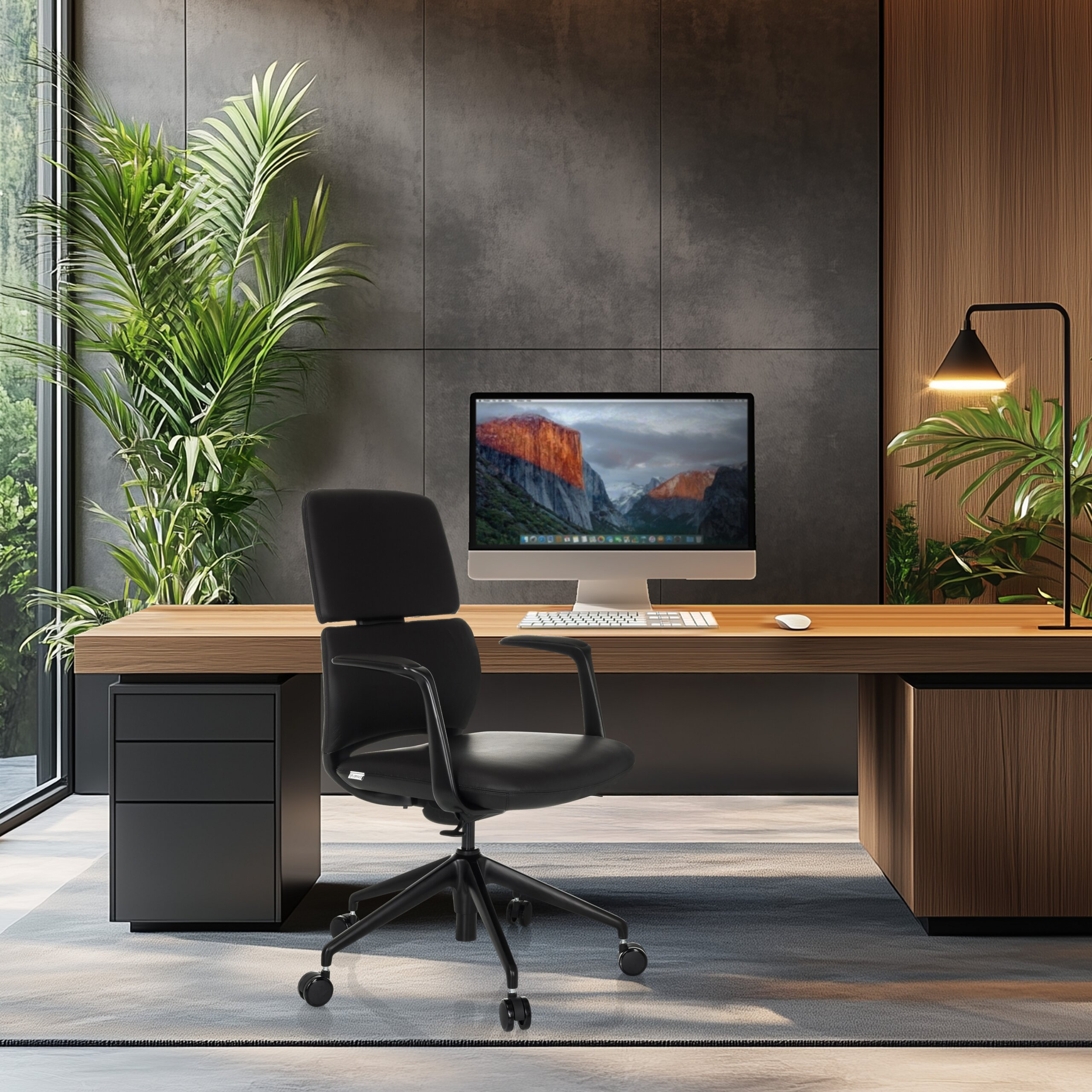 Modernes Büro mit Holztisch, schwarzem Stuhl, Computer und grünen Pflanzen vor einer grauen Wand.