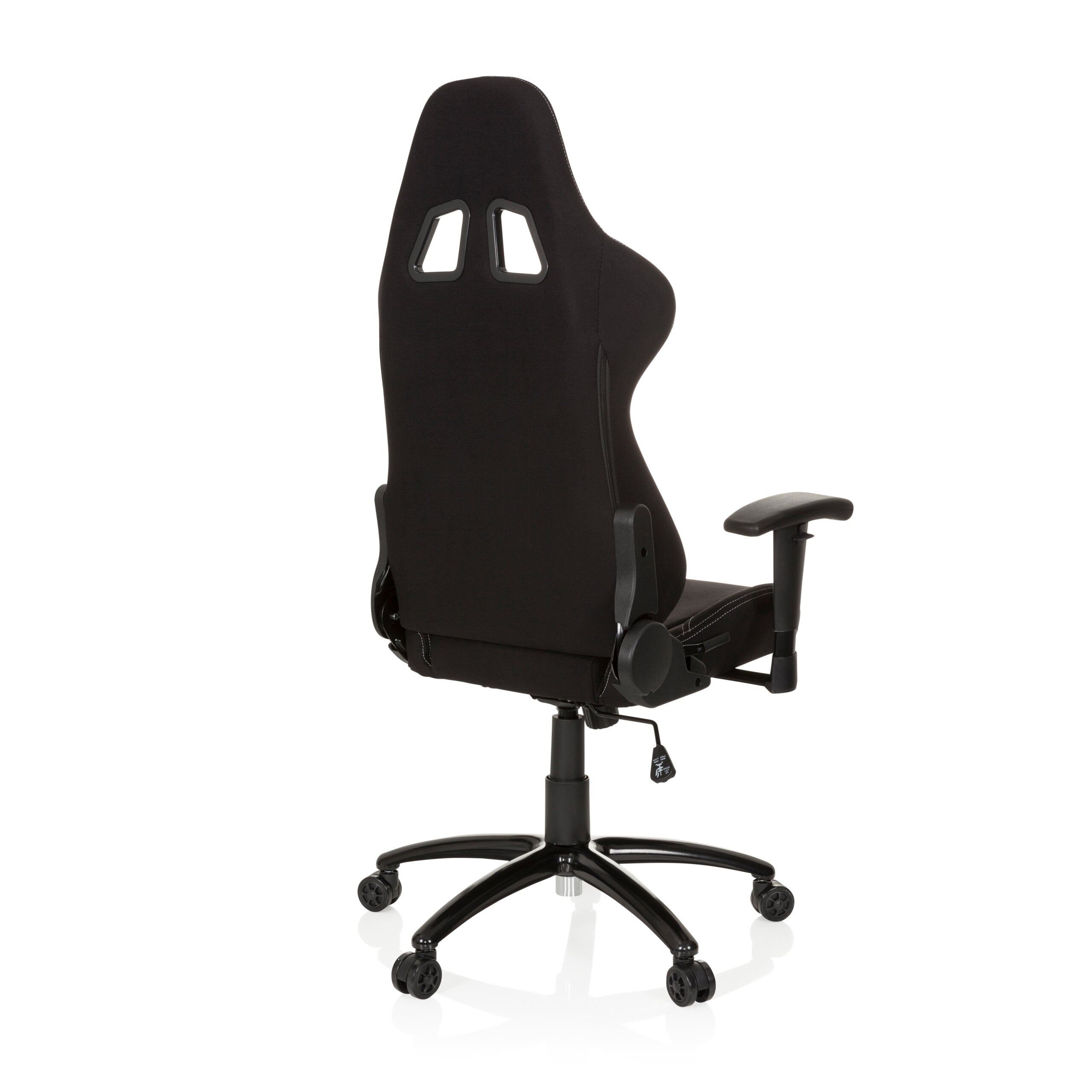 Rückansicht eines schwarzen ergonomischen Gaming-Stuhls mit hoher Rückenlehne, Armlehnen und Rollenfuß auf weiß.