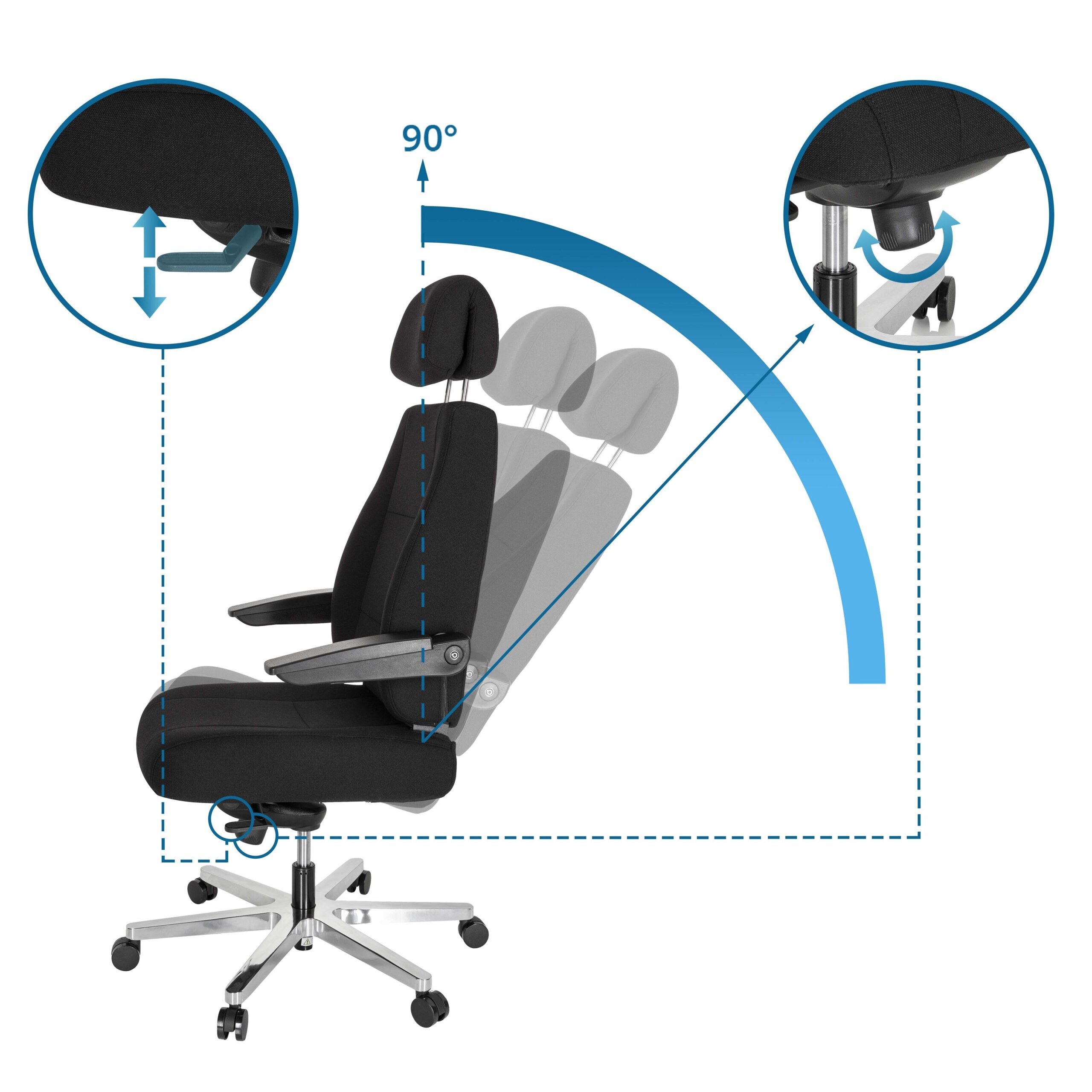 Schwarzer ergonomischer Bürostuhl mit Neigungsverstellung und Zoomdetails für Hebel und Mechanismus.