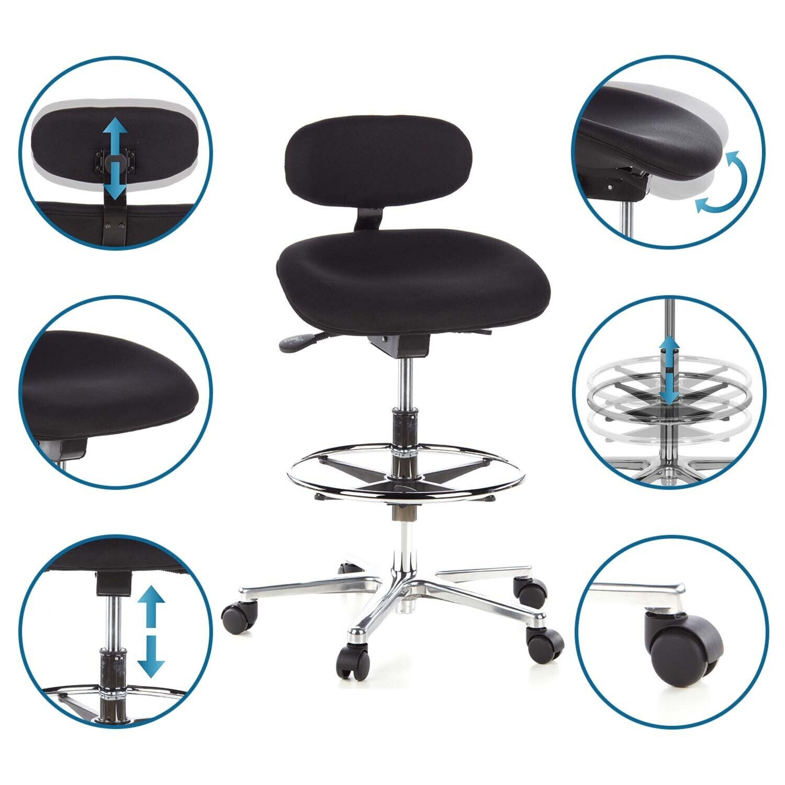 Schwarzer ergonomischer Hocker mit höhenverstellbarem Sitz, Fußring und Rollen, umgeben von Detailansichten.