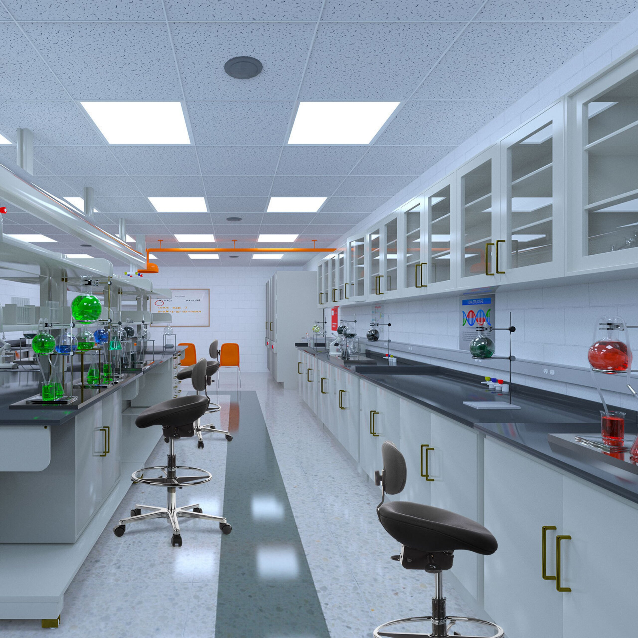 Ein modernes Labor mit weißen Schränken, grauen Bänken, bunten Chemikalien in Glasgefäßen und Rollhockern.