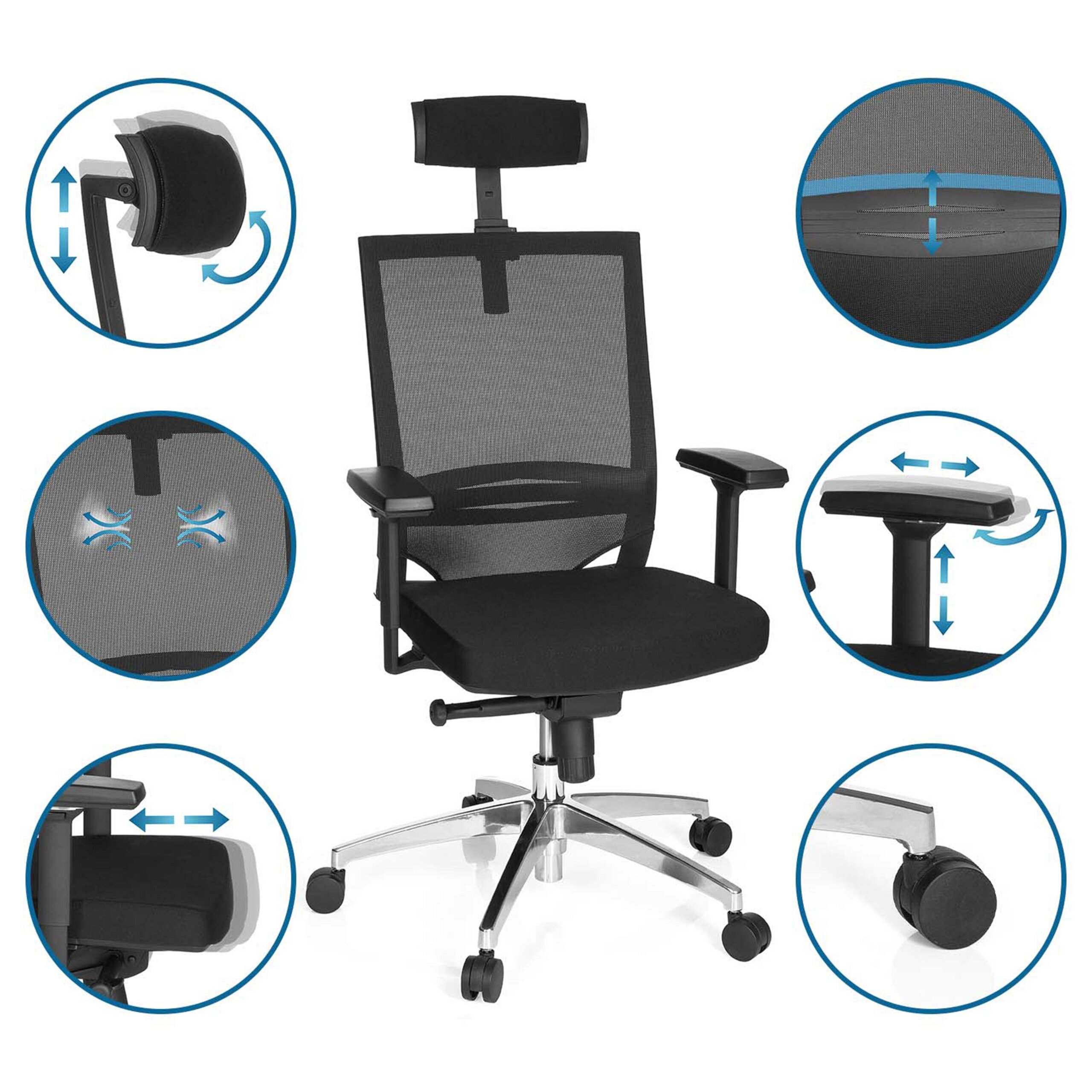 Schwarzer ergonomischer Buerostuhl mit verstellbaren Funktionen wie Armlehnen, Lendenwirbelstuetze und Kopfstuetze.