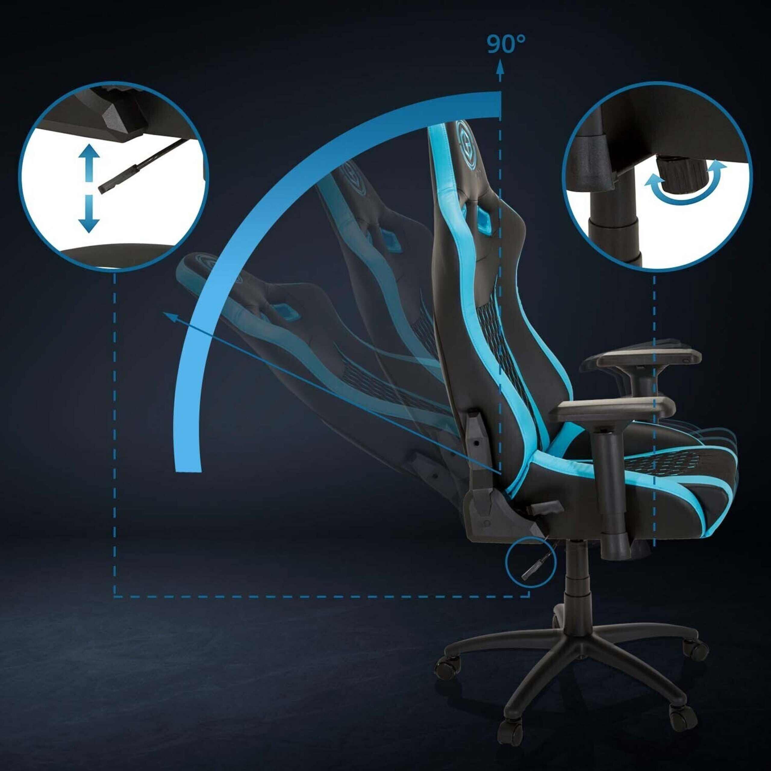 Diagramm zeigt die Neigungs- und Höhenverstellung eines schwarz-blauen Gaming-Stuhls mit Details.