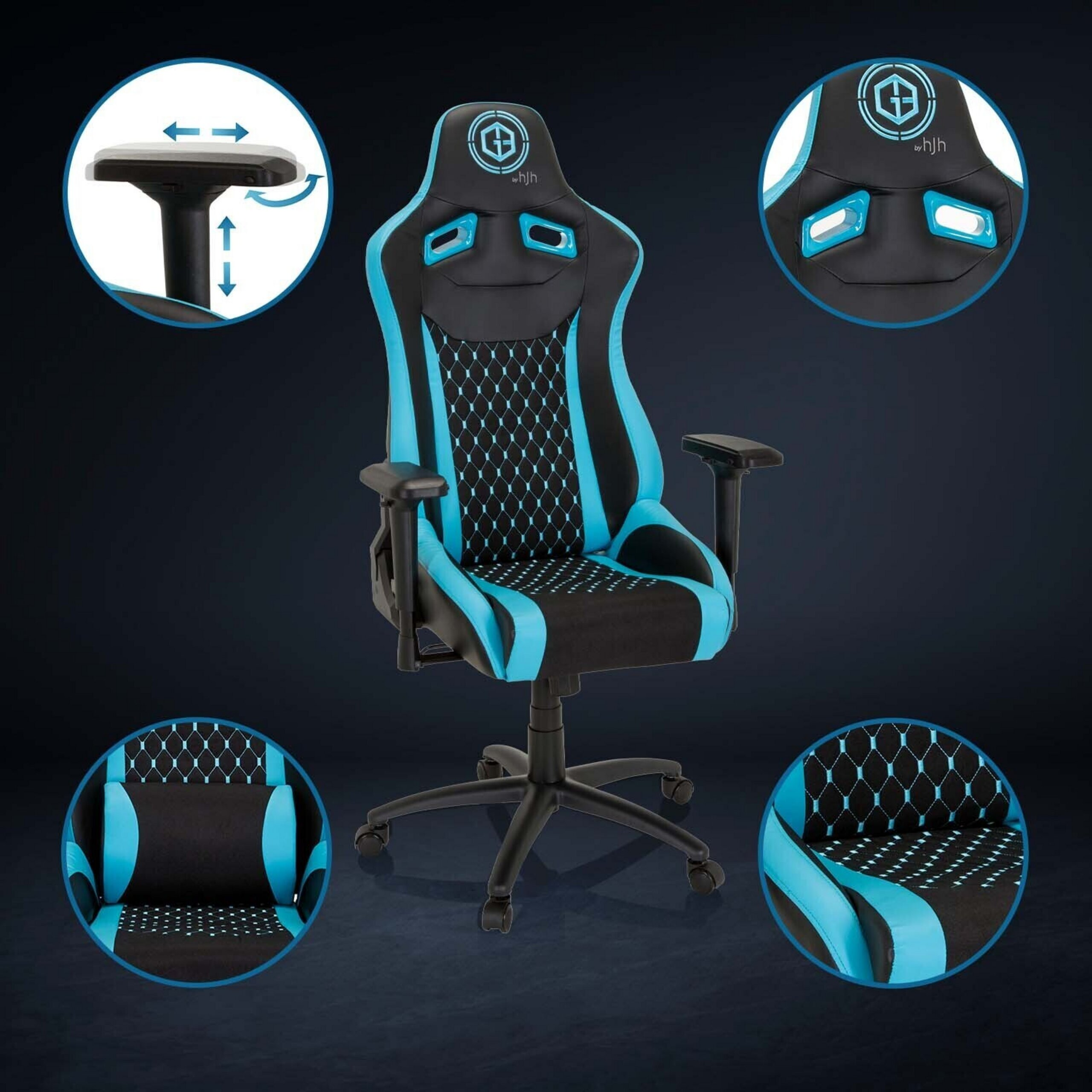 Blau-schwarzer Gaming-Stuhl mit Rollen, verstellbaren Armlehnen und vier kreisrunden Detailansichten.