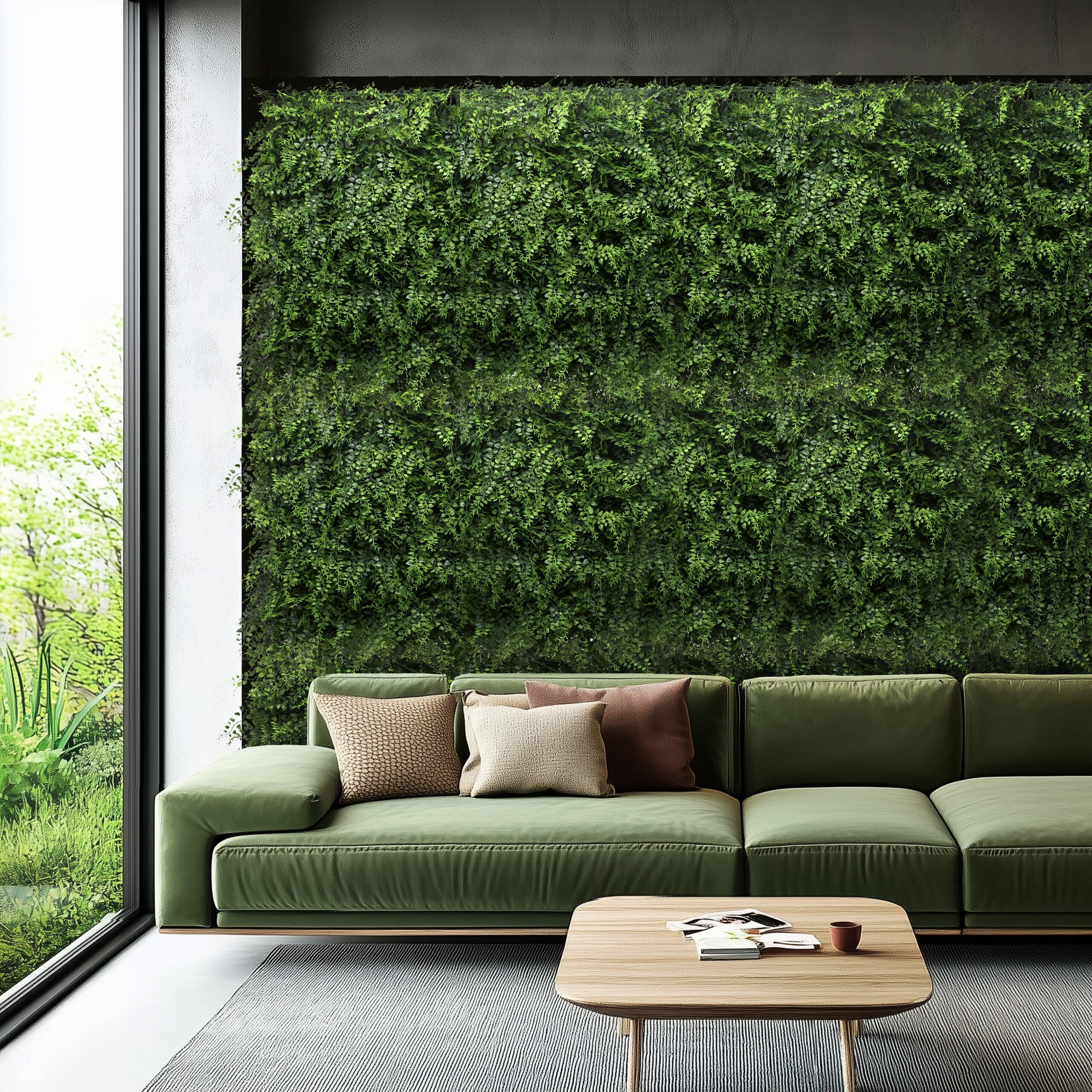 Ein grünes Sofa steht vor einer großen vertikalen Gartenwand, mit einem Holztisch und hellem Fensterlicht.