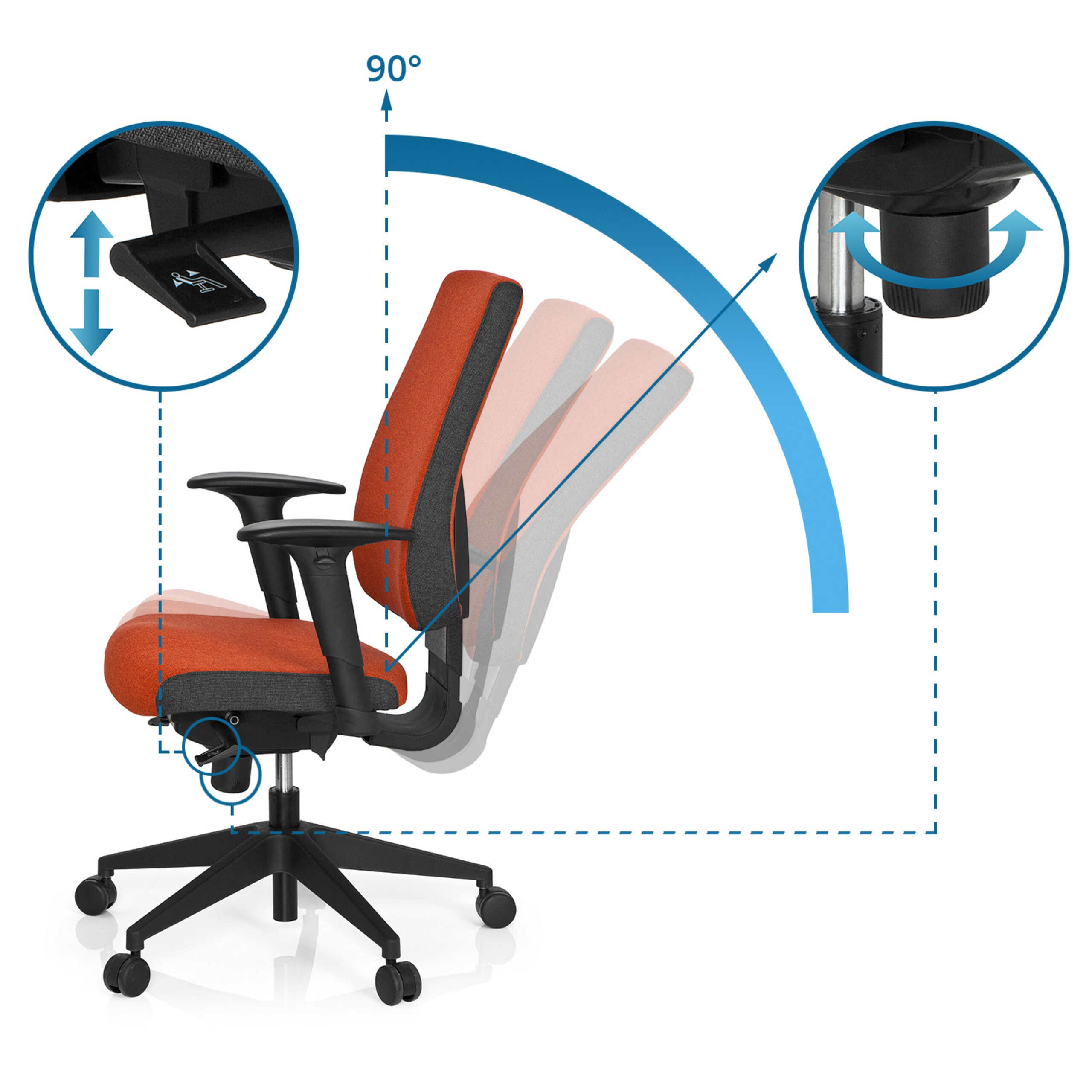 Ein ergonomischer Bürostuhl in Orange und Schwarz zeigt die Neigungsverstellung und Einstellungsmechanismen.