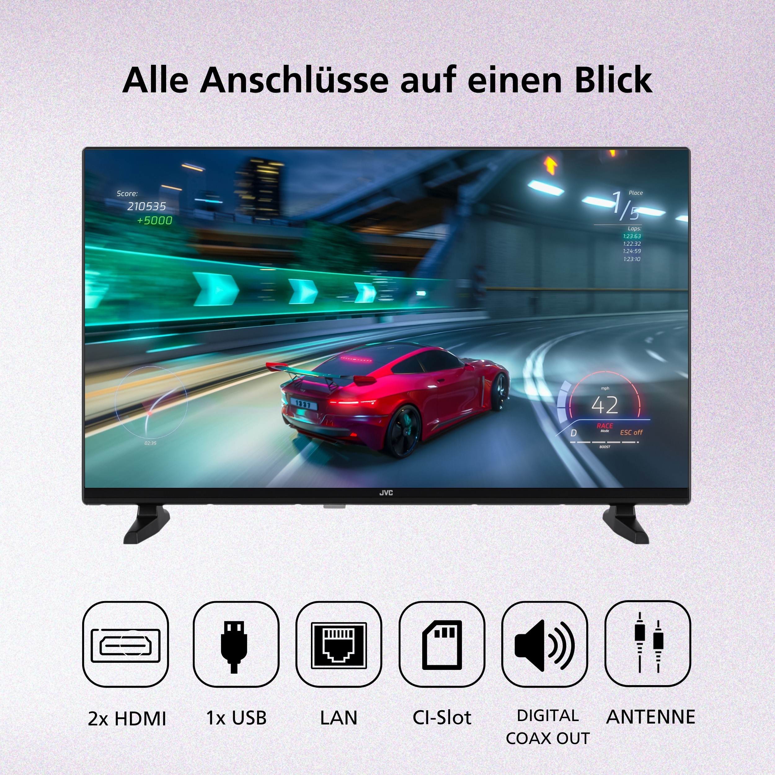 Una TV JVC mostra un gioco di corse, sotto ci sono le icone per porte HDMI, USB, LAN, CI, audio e antenna.