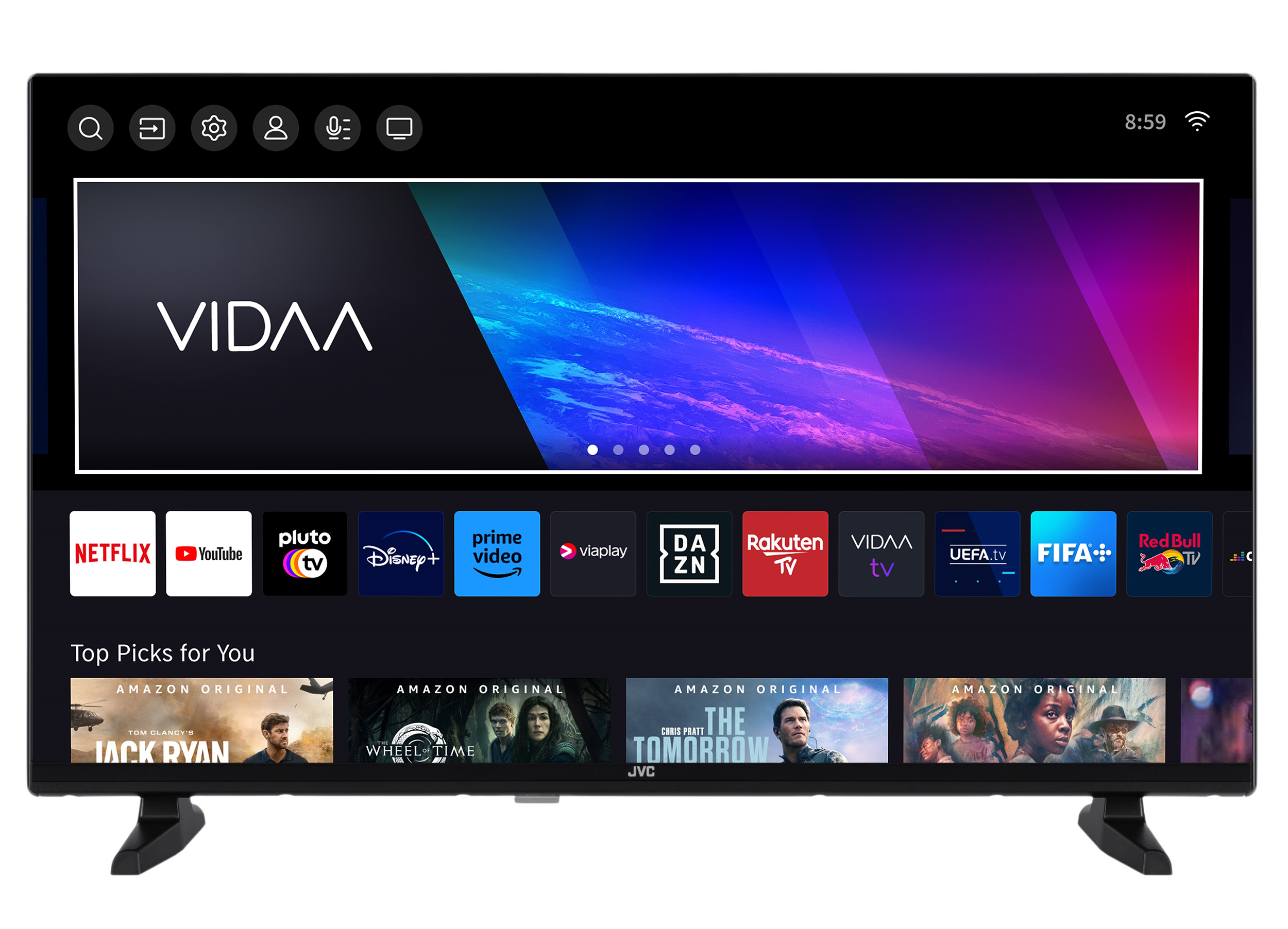 Smart-TV-Bildschirm mit VIDAA-Benutzeroberfläche, Streaming-Apps und Empfehlungen.