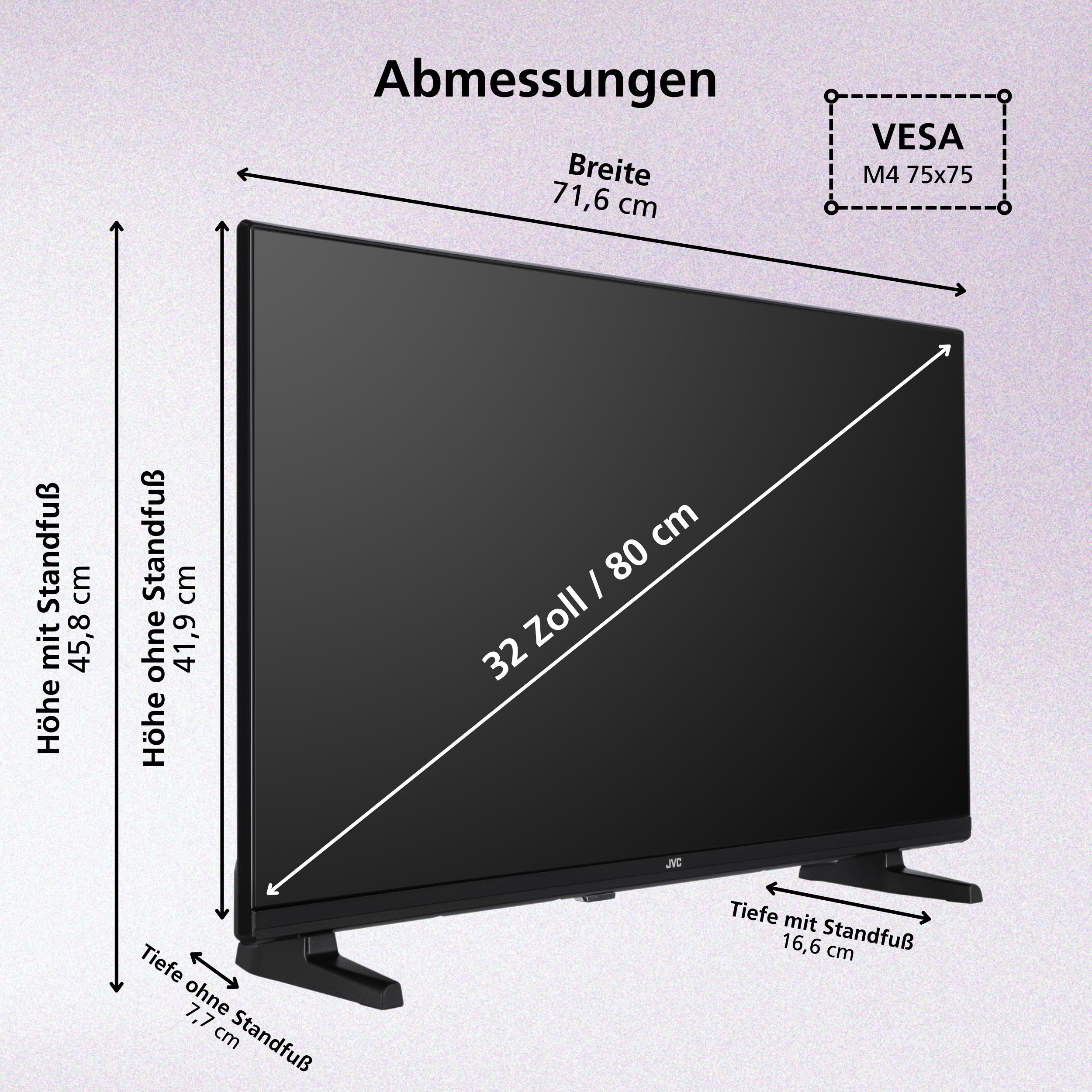 Diagramm zeigt die Abmessungen eines 32-Zoll-Fernsehers mit Maßen für Höhe, Breite, Tiefe und VESA.