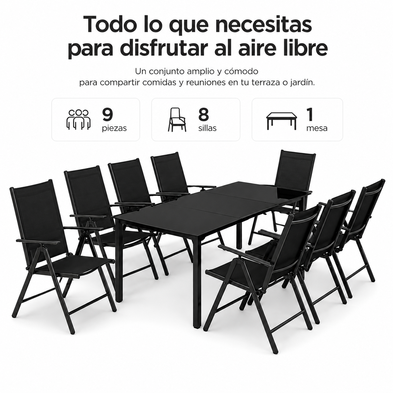 Un juego de comedor exterior negro de 9 piezas con una mesa y ocho sillas sobre fondo blanco.
