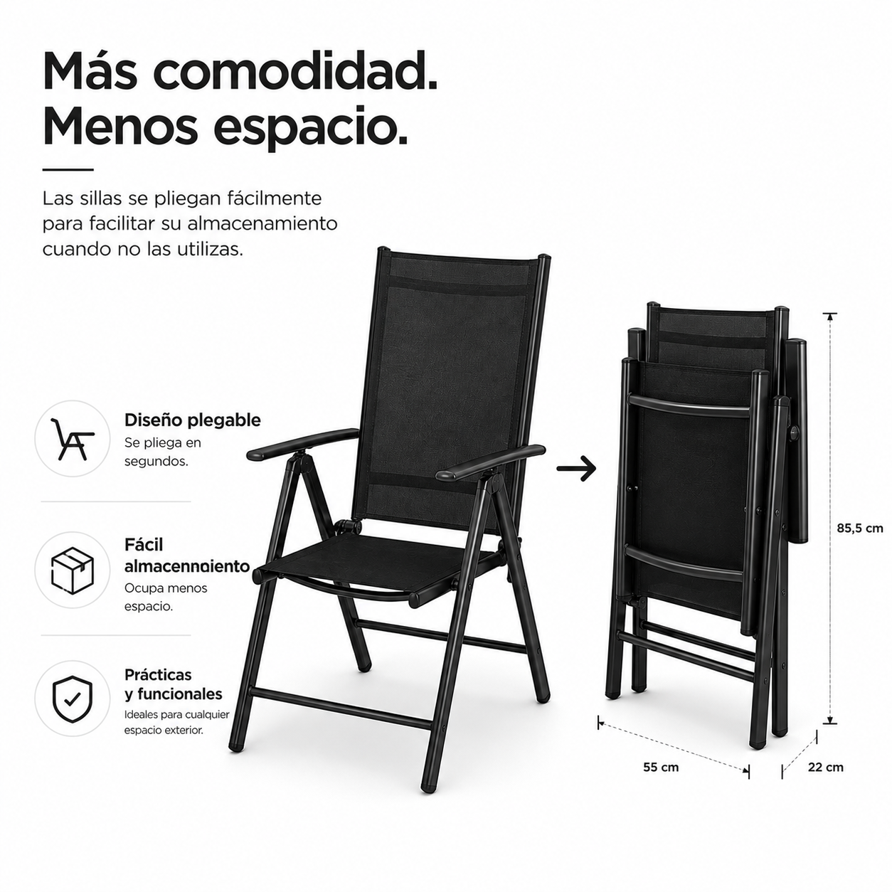 Silla plegable negra mostrada abierta y plegada con medidas.