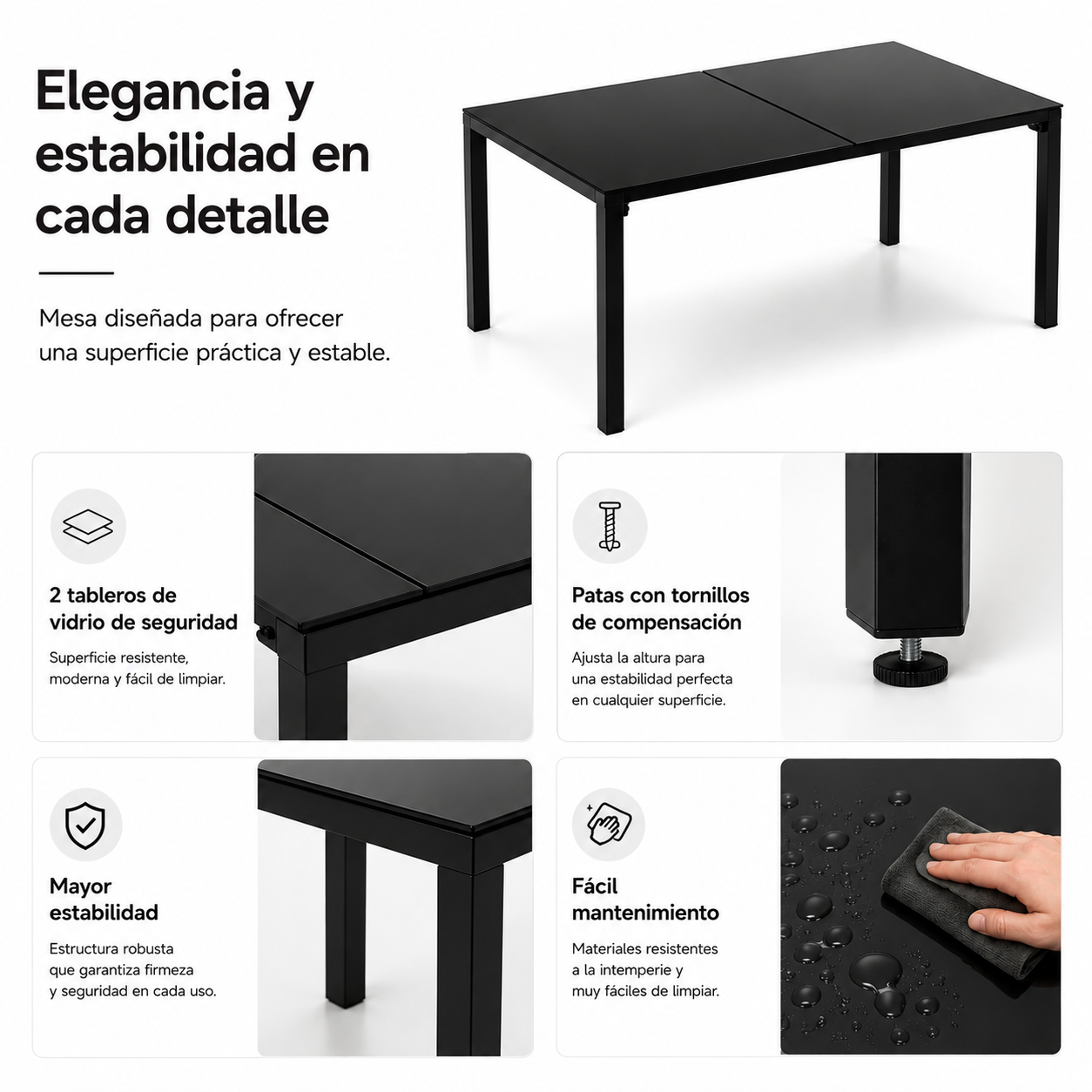 Imagen promocional de una mesa de cristal negro con detalles sobre el tablero, patas ajustables y fácil limpieza.