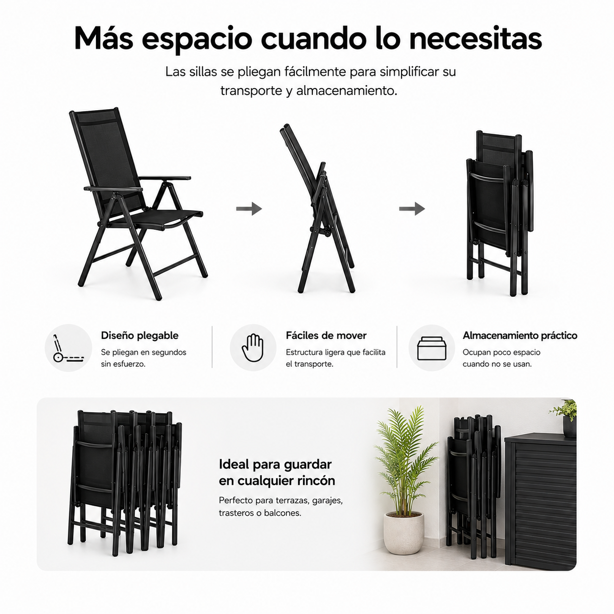 Demostración de una silla plegable negra que se pliega y se apila de forma compacta contra una pared.
