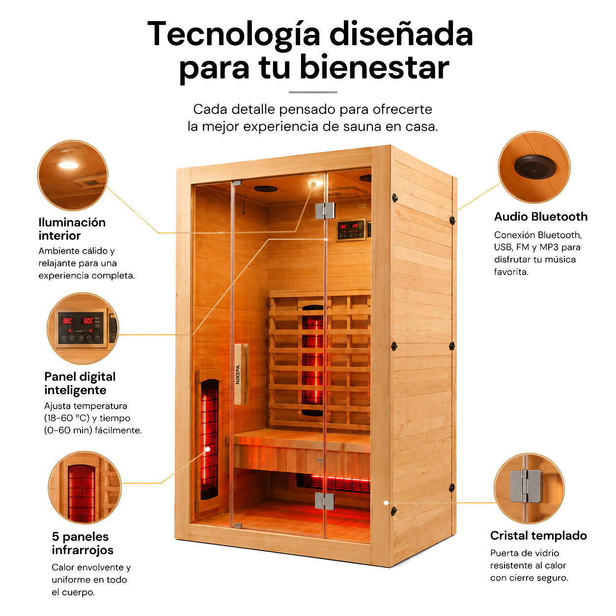 Sauna de madera con paneles infrarrojos, puerta de vidrio, panel digital, iluminación y audio Bluetooth.