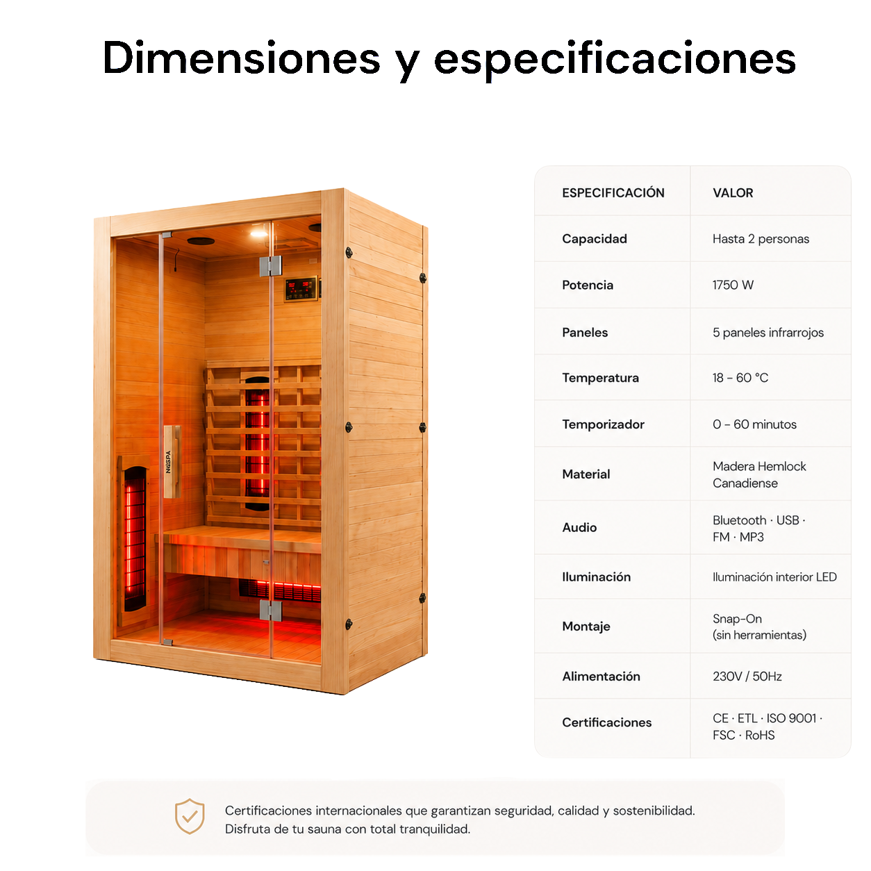 Sauna de madera con paneles infrarrojos y puerta de cristal, junto a una tabla de especificaciones técnicas.
