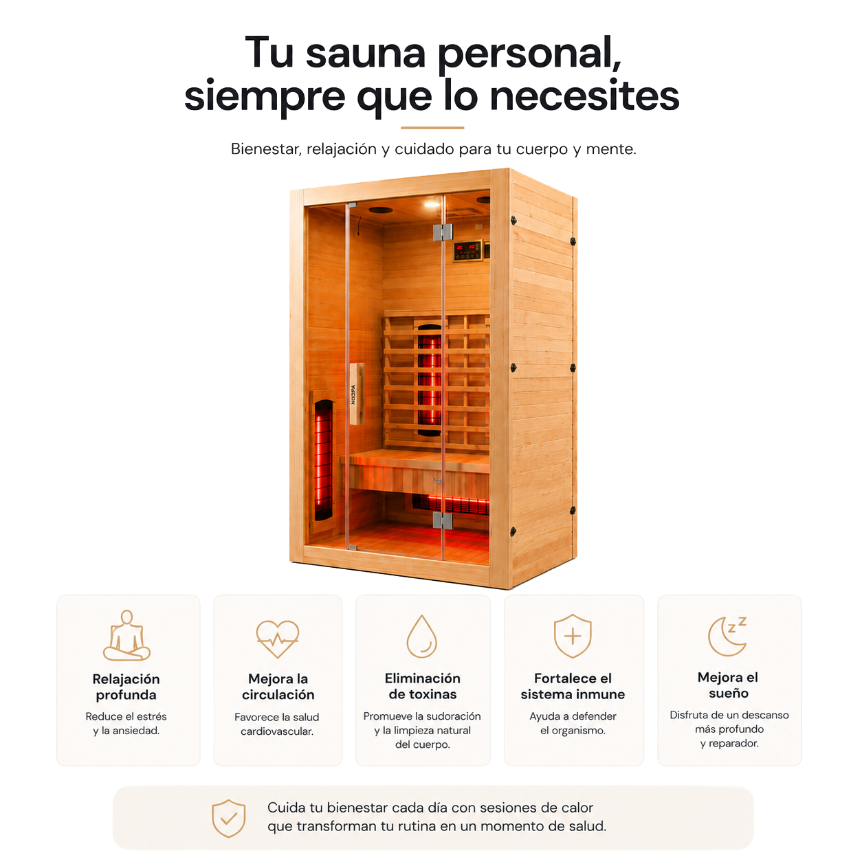 Una sauna de infrarrojos de madera con puerta de cristal y cinco beneficios de bienestar.
