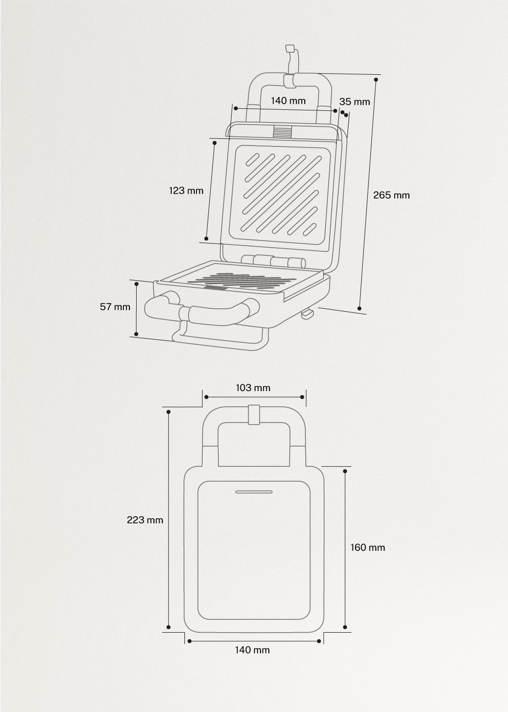 Dibujo lineal de una sandwichera, abierta y cerrada, con medidas de dimensiones en milímetros.