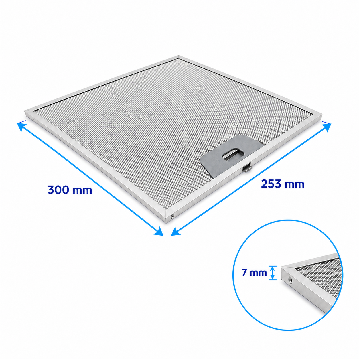 Metall-Dunstabzugshaubenfilter, 300x253x7 mm, mit blauem Maßstab auf weißem Hintergrund.
