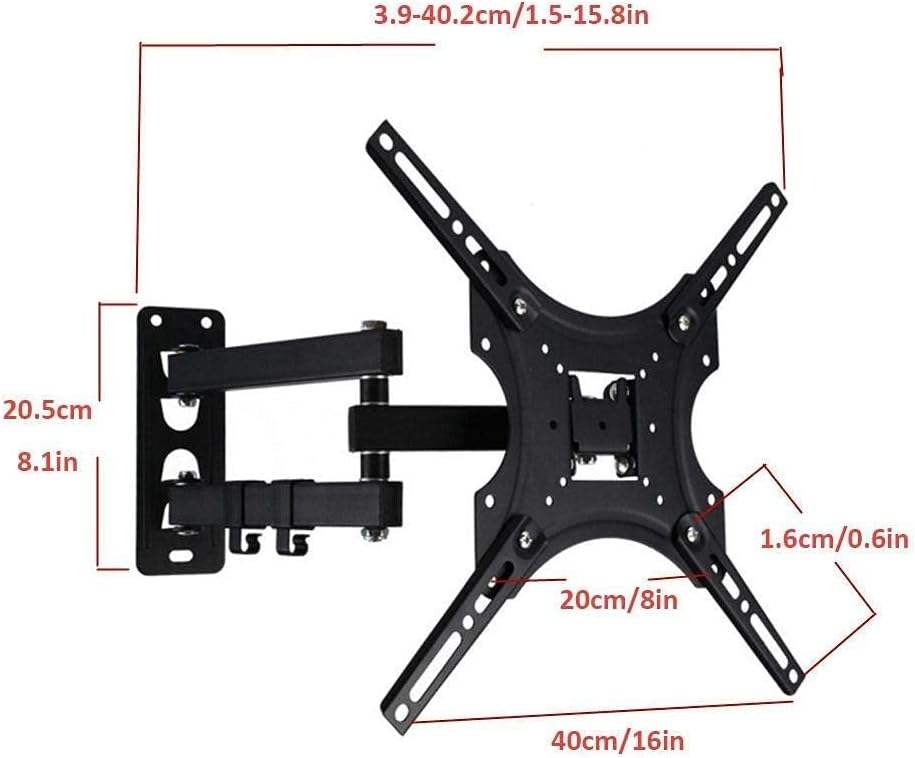 Soporte de pared para TV articulado en negro con medidas.