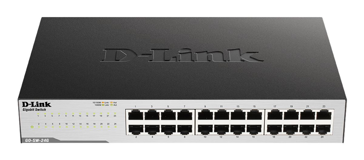 Uno switch Gigabit D-Link nero con 24 porte numerate su una superficie bianca.