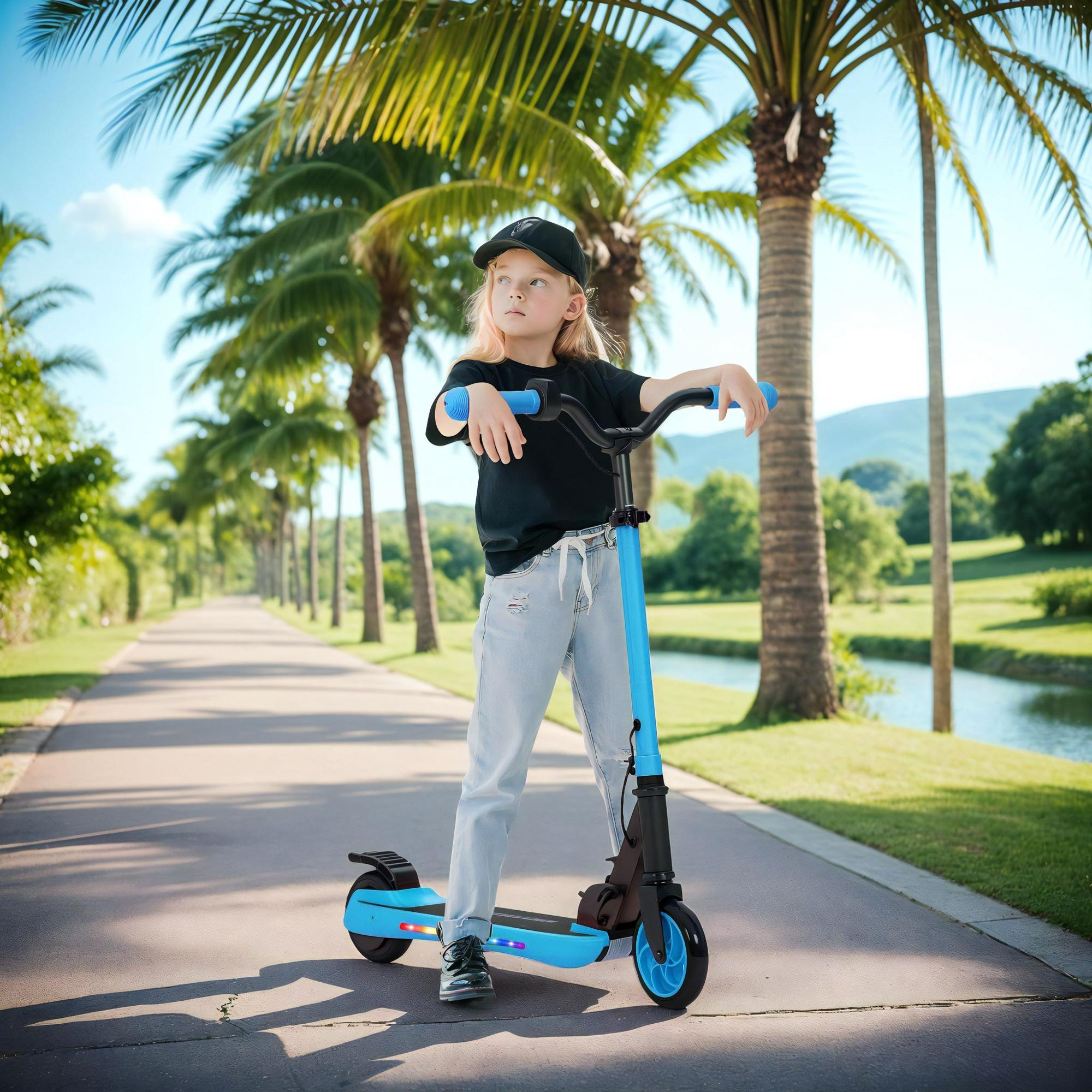 Una niña rubia con camisa negra y gorra está parada en un scooter eléctrico azul en un camino pavimentado con palmeras.