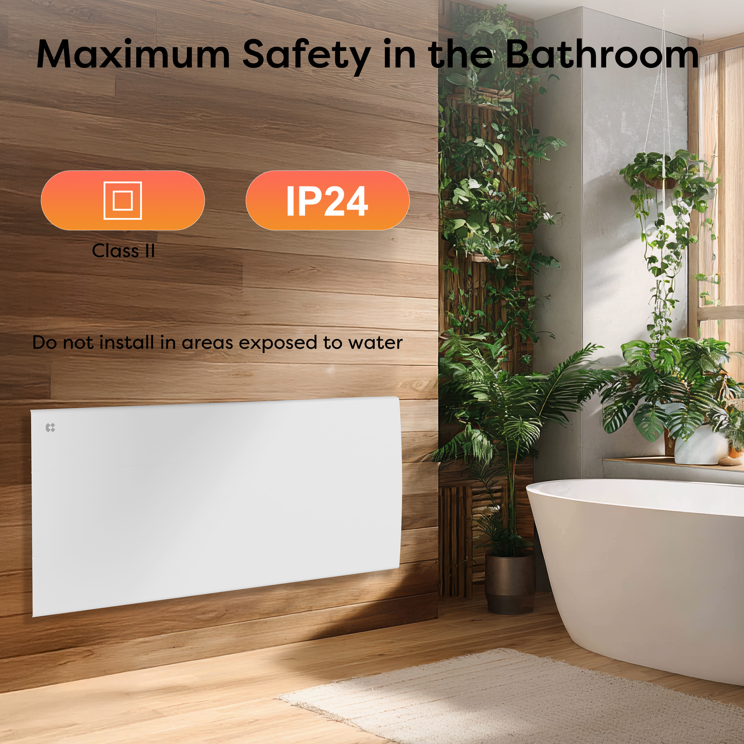 Radiateur blanc sur mur en bois dans une salle de bain moderne avec baignoire.