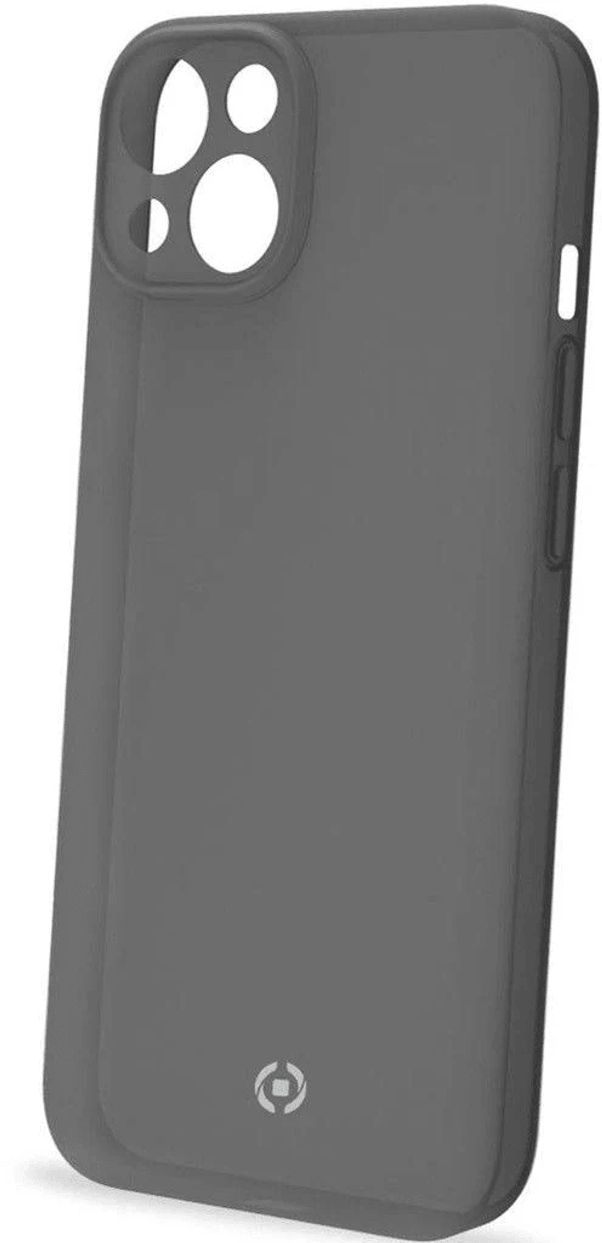 Una funda de smartphone gris oscuro mate con recorte para cámara y un pequeño logotipo redondo abajo.