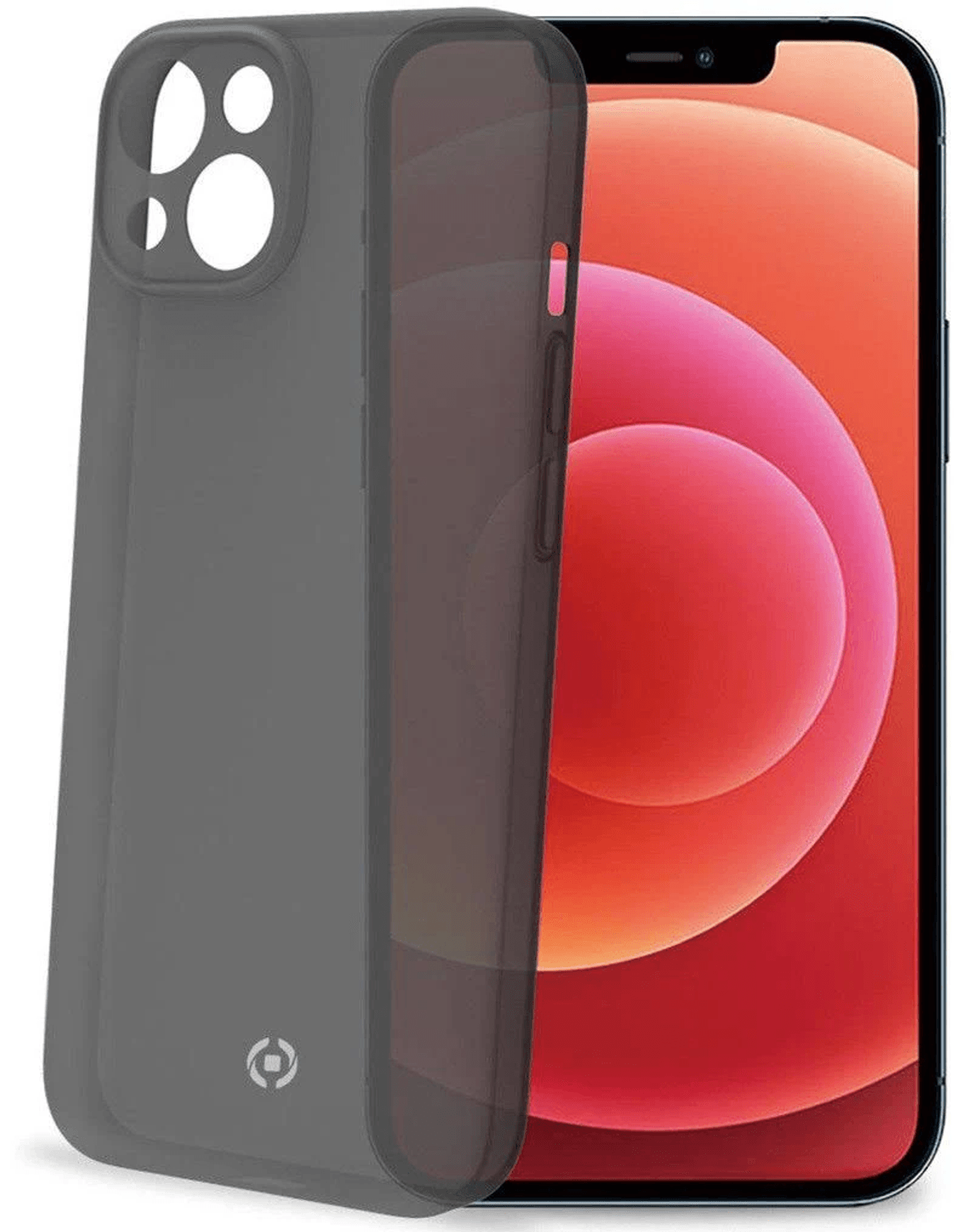 Una funda de smartphone negra frente a un iPhone con fondo rojo y rosa.