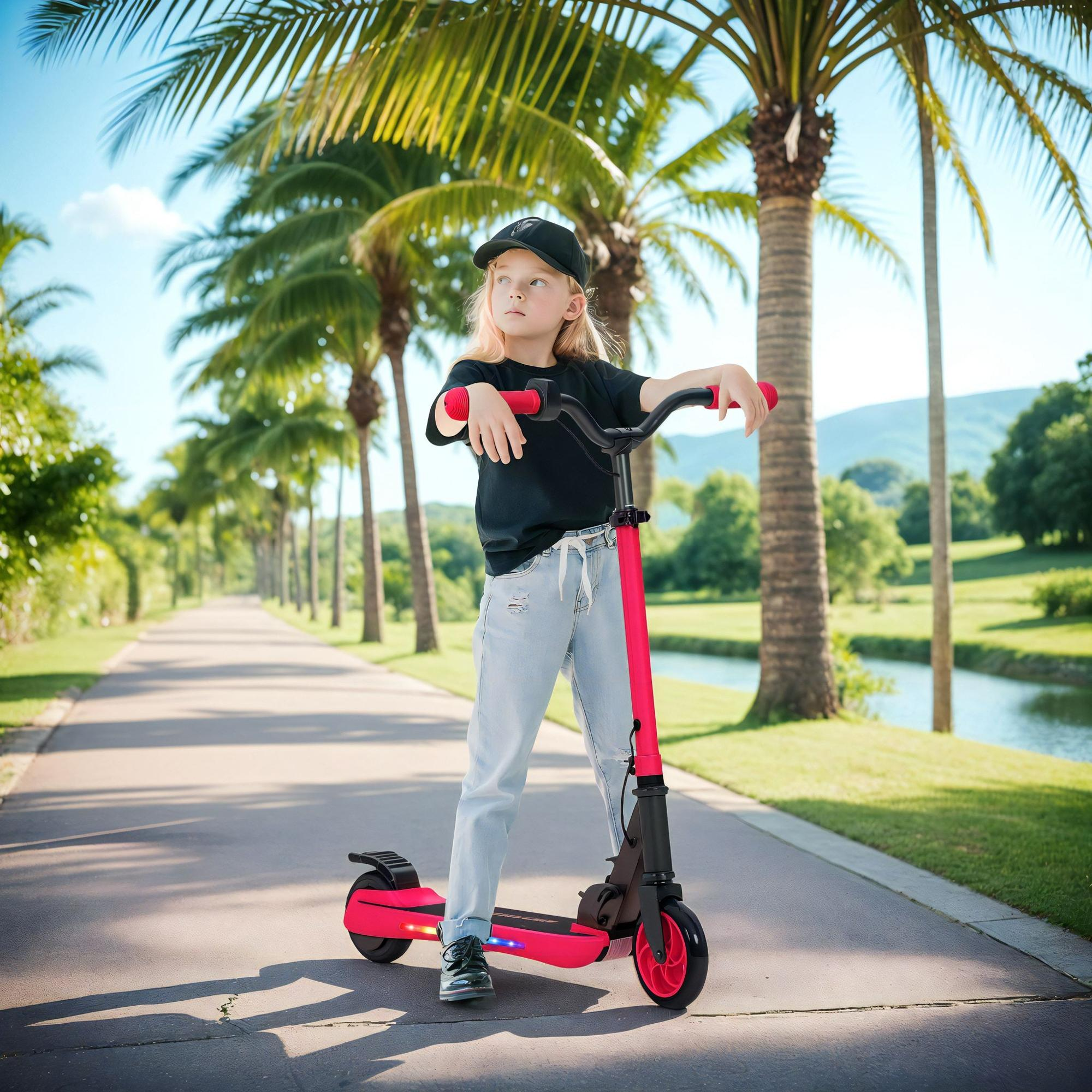 Una niña rubia con camisa negra y gorra está parada en un monopatín eléctrico rosa en un camino bordeado de palmeras.