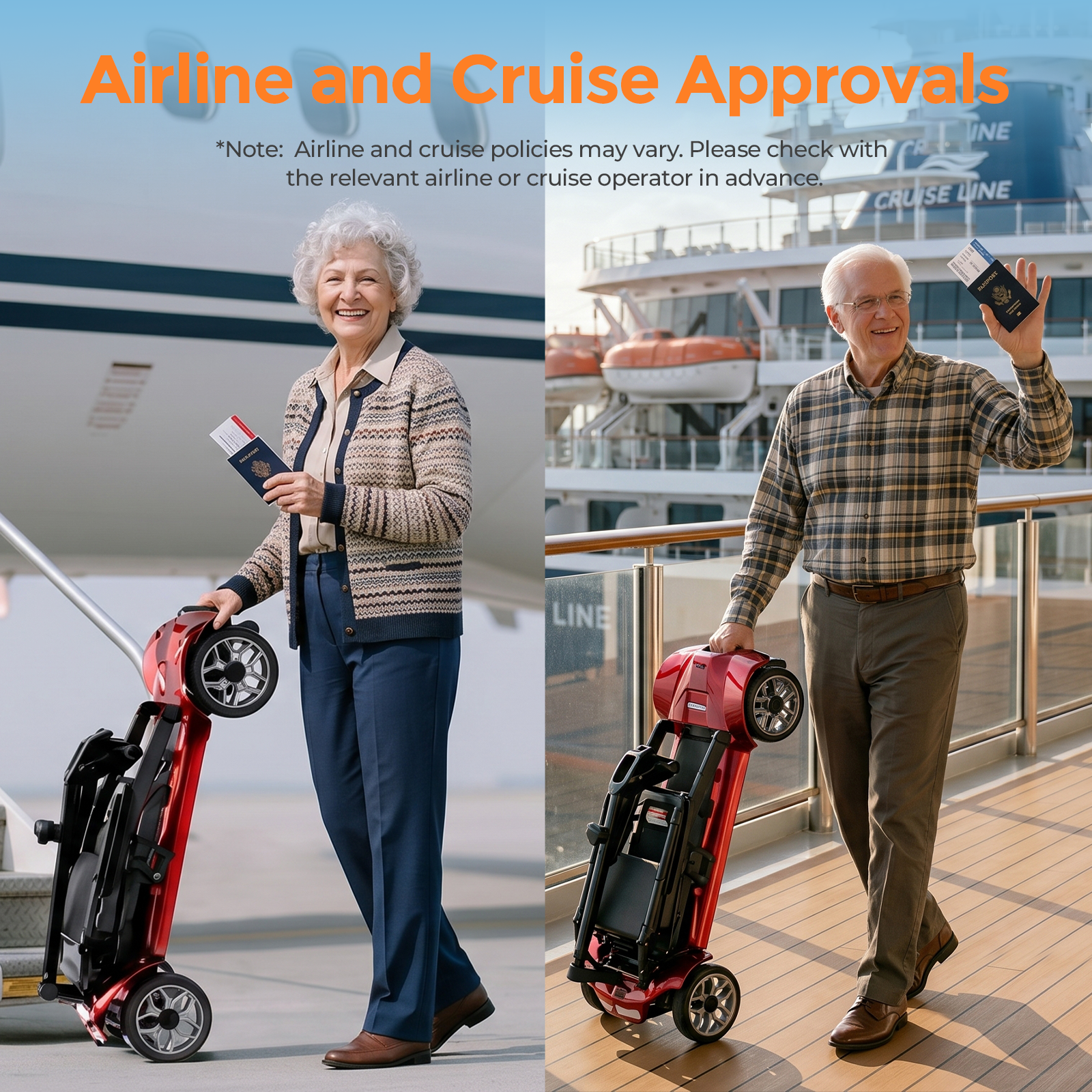 Senioren halten Pässe und faltbare Mobilitätsscroller vor Flugzeug und Schiff.