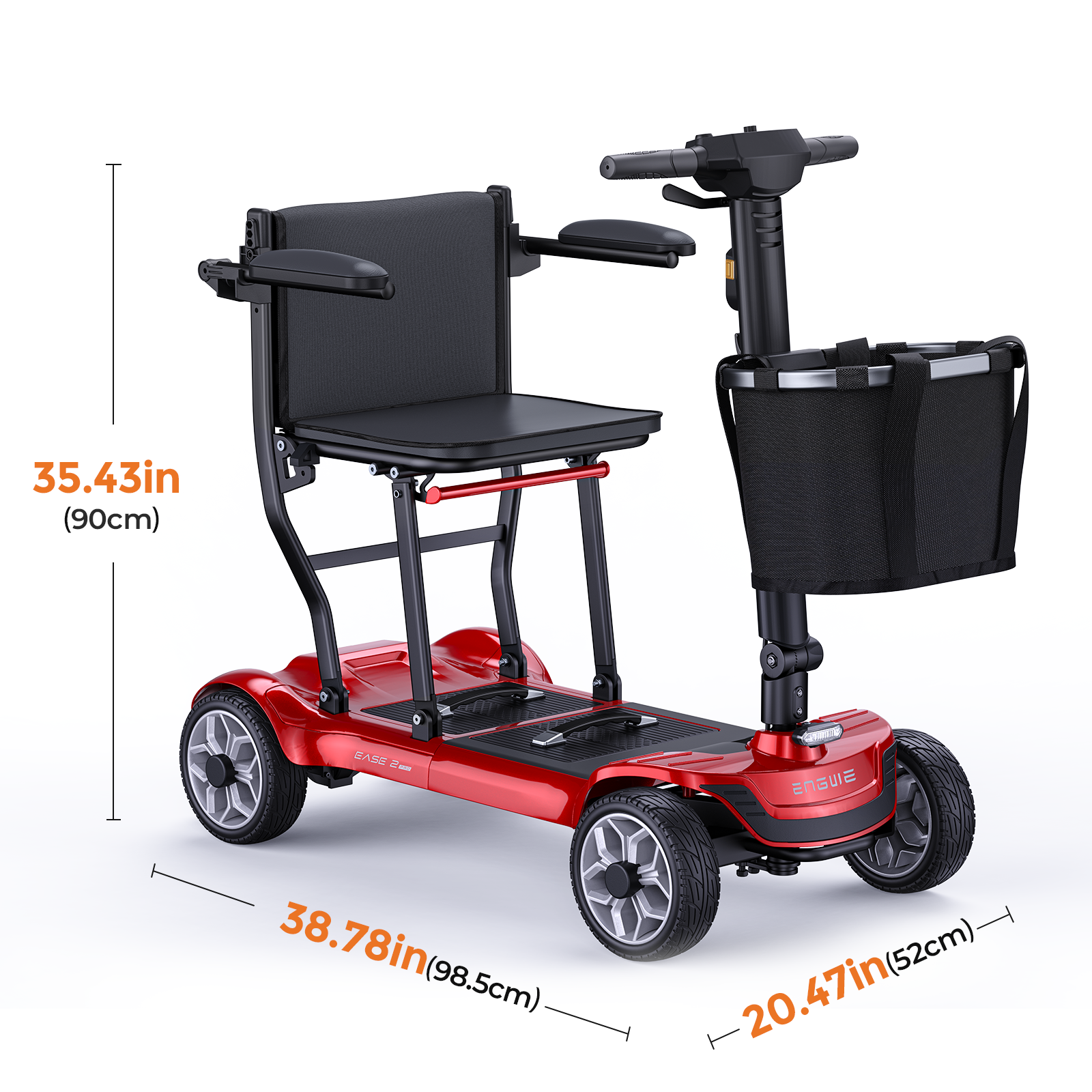 Ein roter Elektromobil-Scooter mit schwarzem Sitz, Korb und Höhenmaßen vor weißem Hintergrund.