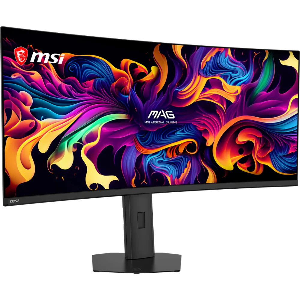 Geniş, kavisli bir MSI oyun monitörü, siyah arka planda canlı, renkli soyut sanat gösteriyor.