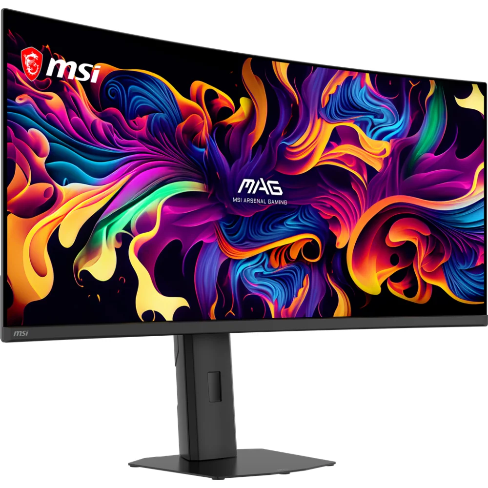 Geniş bir MSI MAG oyun monitörü, renkli ve akışkan soyut bir duvar kağıdı gösteriyor.