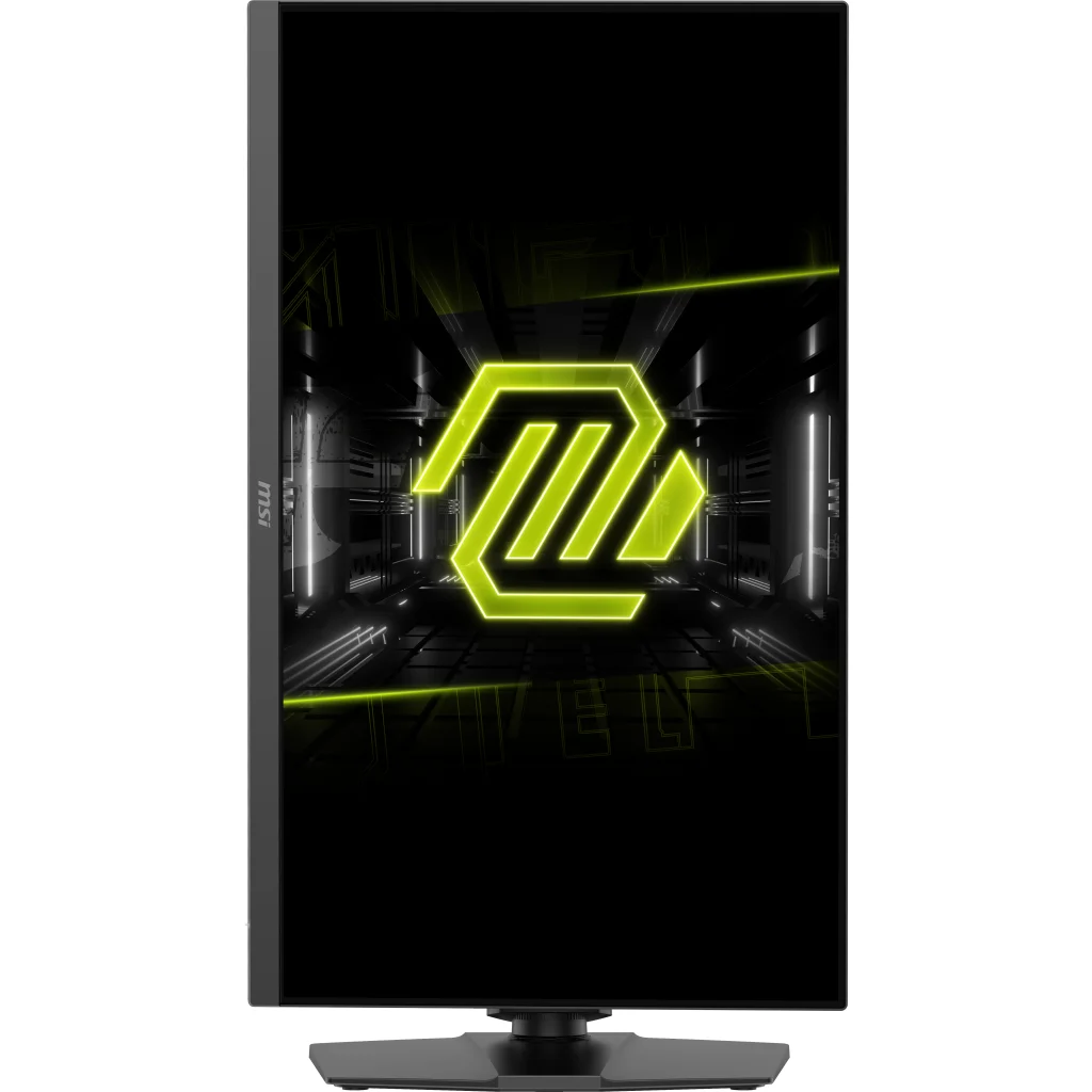 Monitor MSI wyświetlający świecące na żółto abstrakcyjne logo na ciemnym, futurystycznym tle.