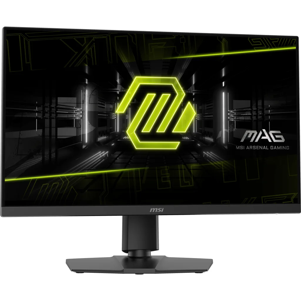Czarny monitor gamingowy MSI MAG z świecącym zielonym logo na ciemnym tle.