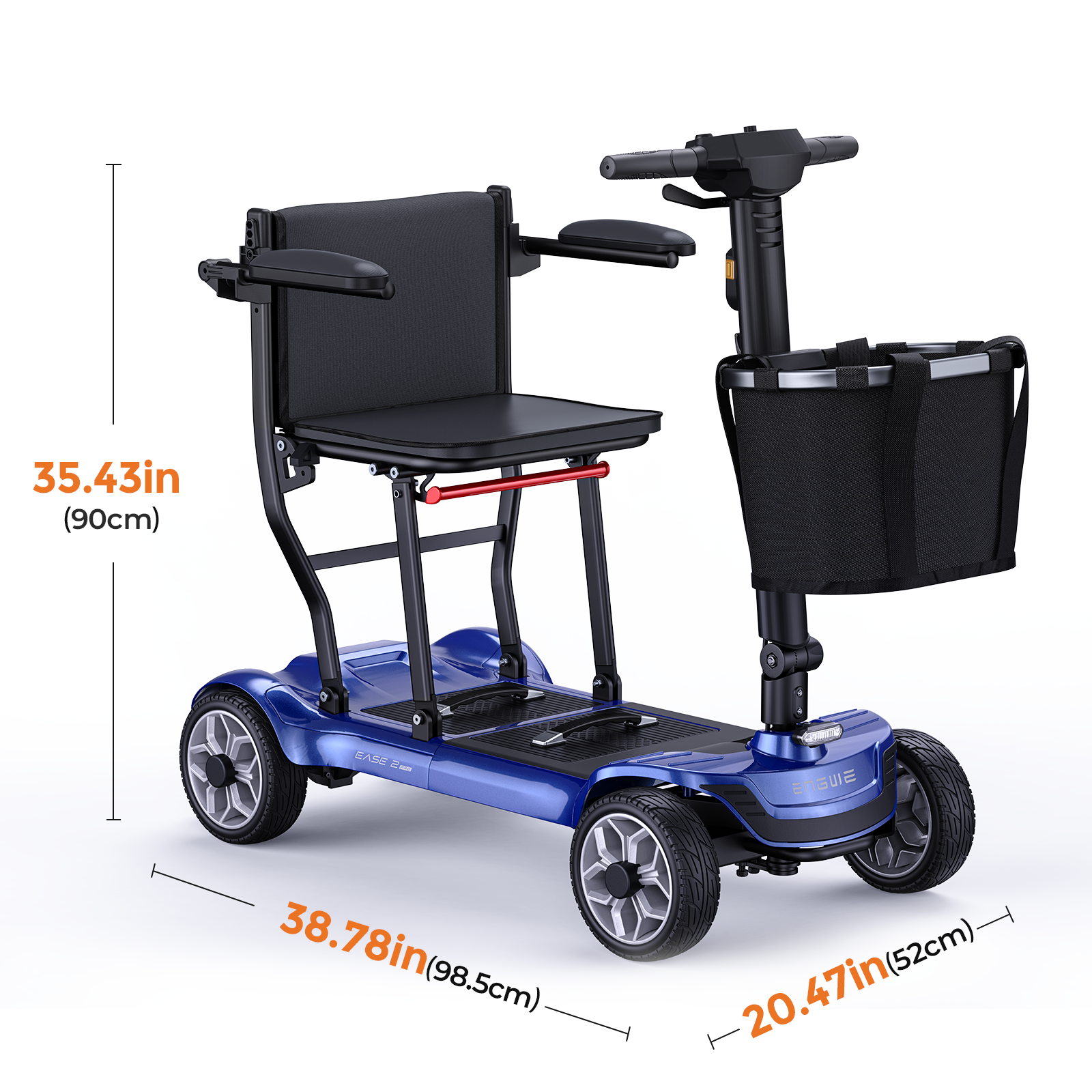 Ein blauer vierrädriger Mobilitätsroller mit schwarzem Sitz, Korb und Maßangaben auf weißem Hintergrund.