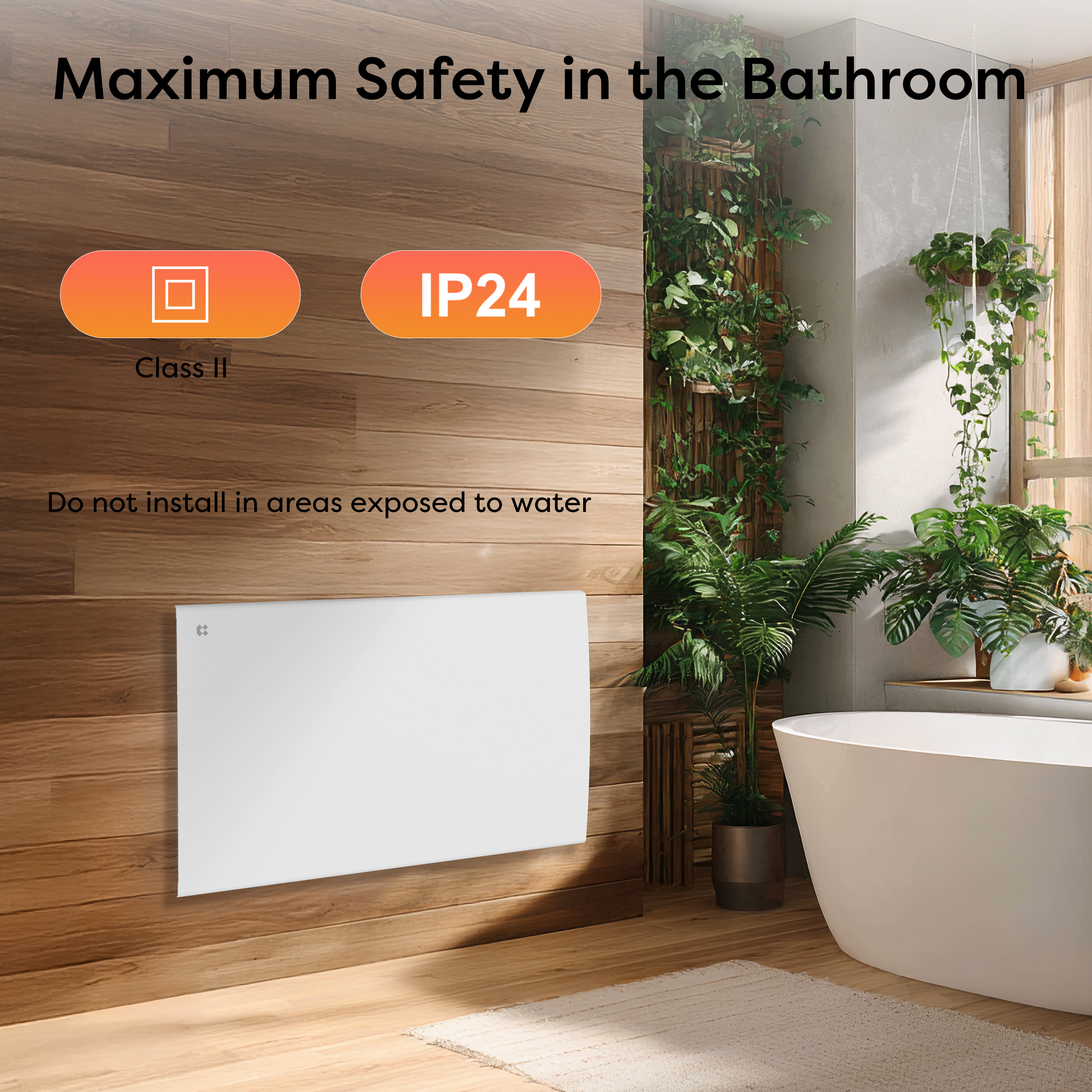 Chauffage mural blanc dans une salle de bain moderne avec baignoire et plantes, IP24 et Classe II.
